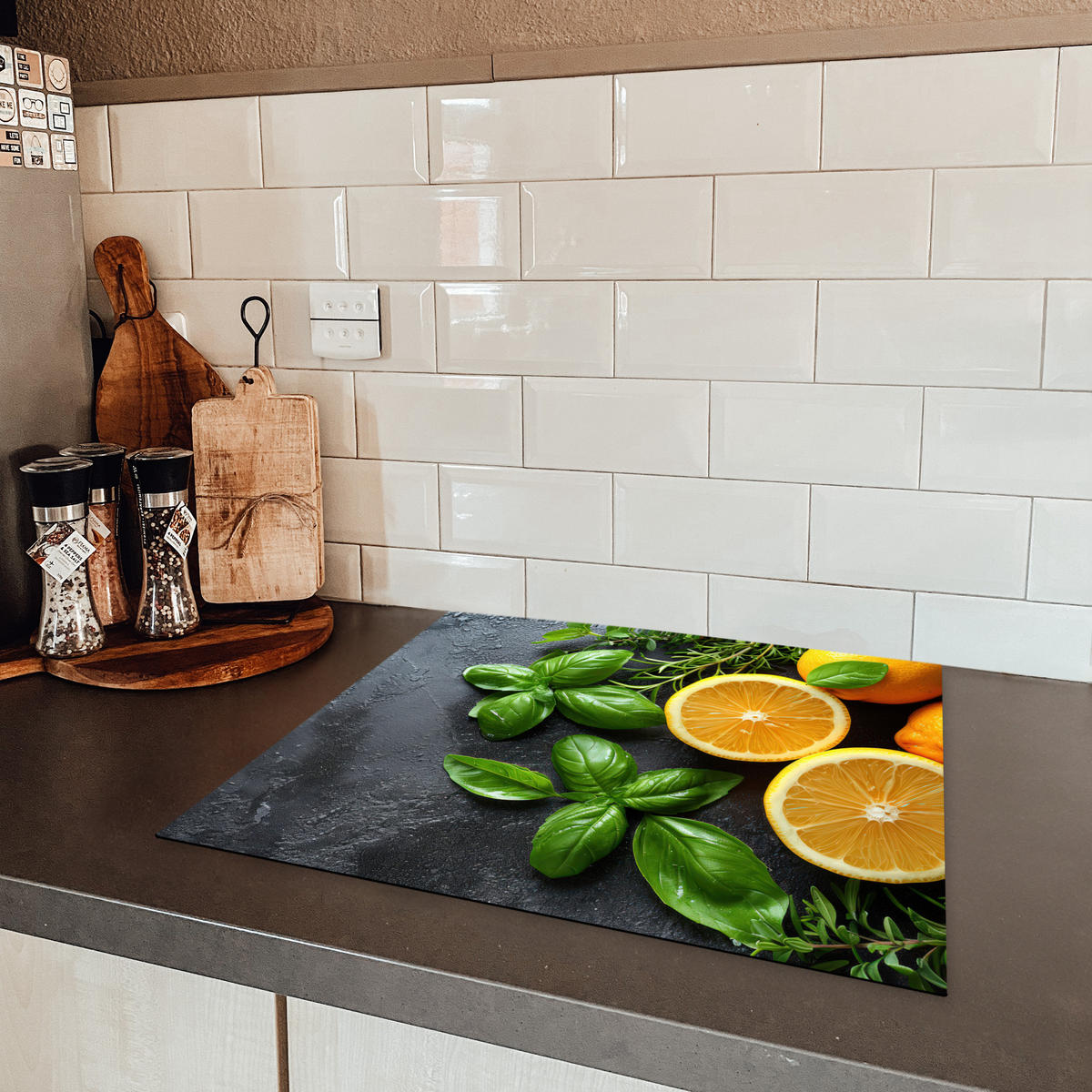 HERDABDECKPLATTE Obst - Grau - Konkret - Orange - Pflanzen Ceranfeldabdeckung 59x52 cm - Anthrazit, Kunststoff (59/52/0.2cm) - MuchoWow