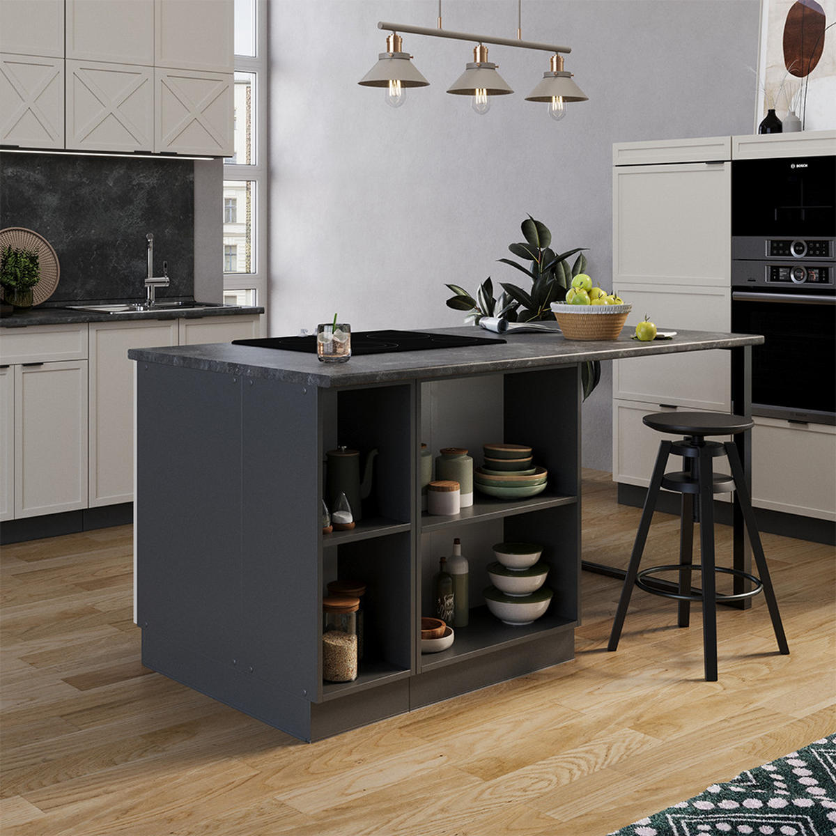 KÜCHENINSEL Fame-Line GrauBeige 90 cm mit Schublade, ohne AP - Anthrazit/Grau, Holzwerkstoff (90/82/60cm) - Vicco