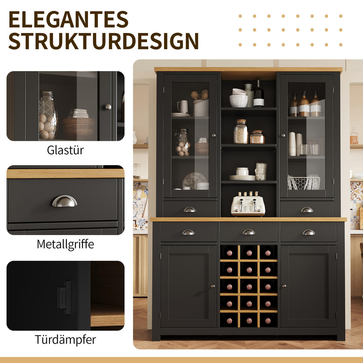 BUFFETSCHRANK Soft-Close Schwarz 120/40/185 cm - Schwarz, Holz (120/185/40cm) - PANGIVO