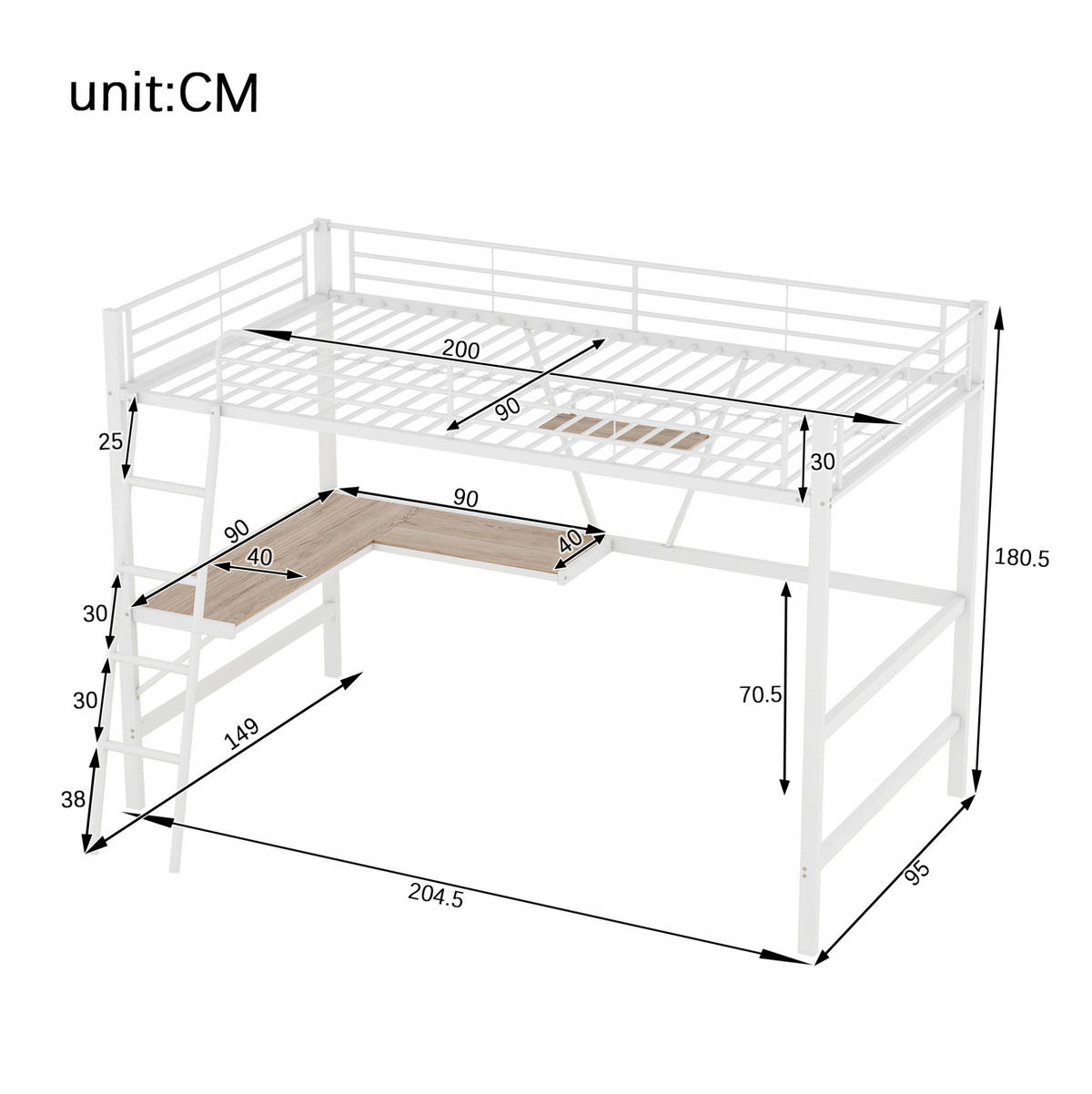 HOCHBETT 90/200 cm Weiß aus Metall mit Schreibtisch und Regal - Weiß, Metall (90/200cm) - OKMYHOME