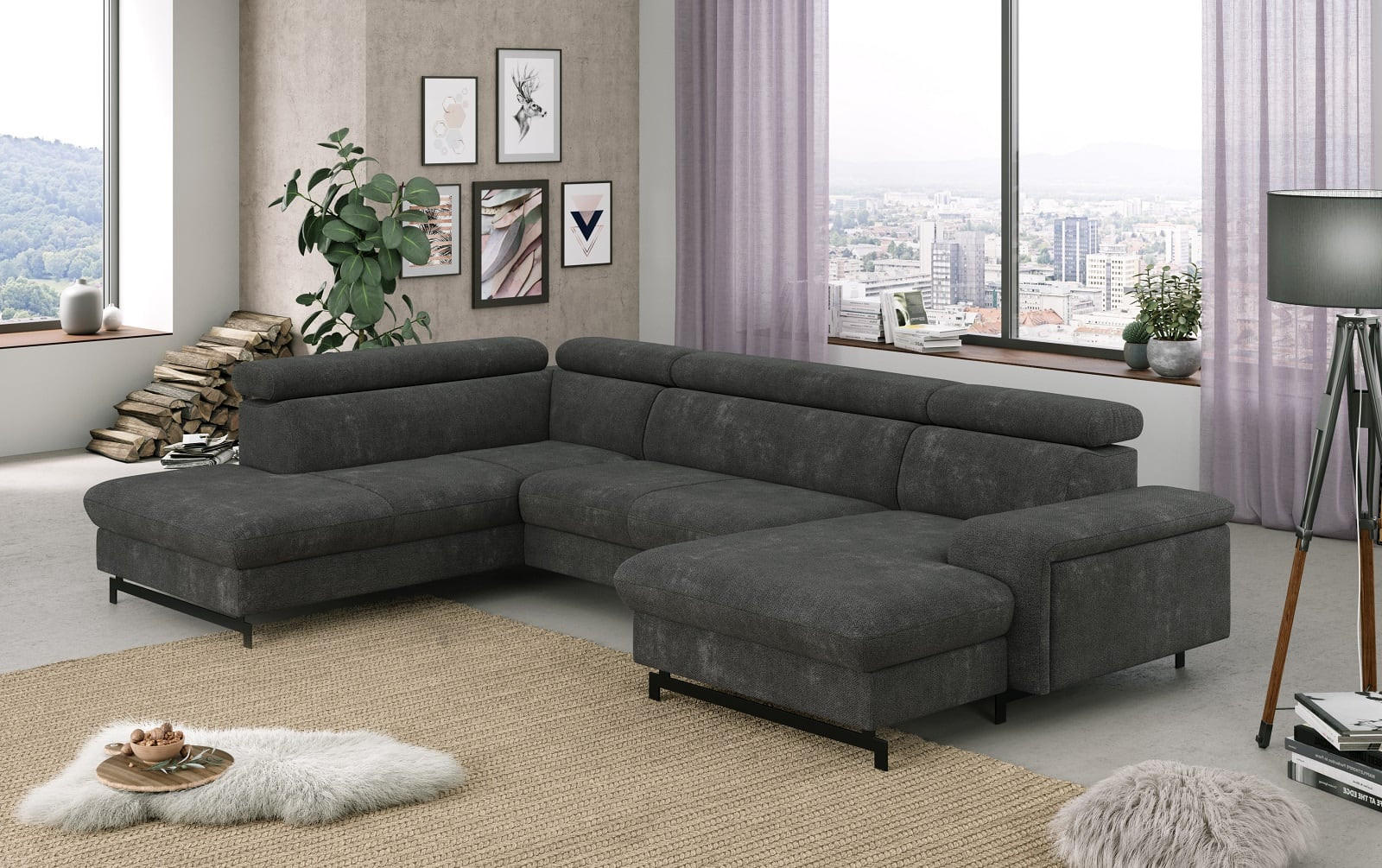 WOHNLANDSCHAFT mit Schlaffunktion und Bettkasten, Orlando-Stoff - Dunkelgrau/Schwarz, Kunststoff/Textil (328/81/215cm) - Cotta