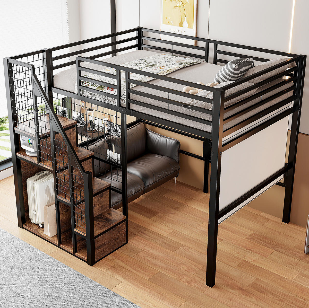 HOCHBETT 140/200 cm mit Treppe, Stauraum und Kleiderstange aus Metall, Schwarz - Schwarz, Holzwerkstoff (140/200cm) - Redom
