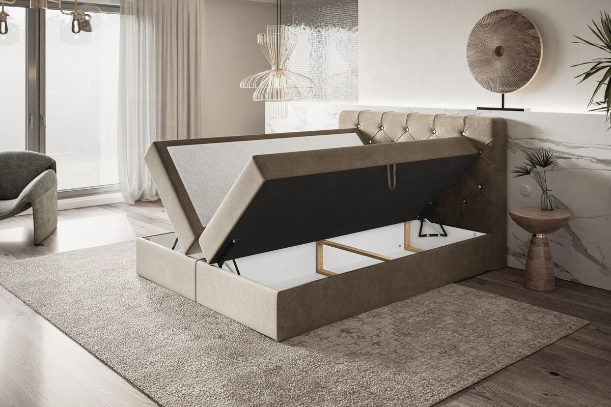 BOXBETT BOSTON mit 2 Bettkästen, 160x200, Farbe: Grau, Velourstoff, Doppelbett mit Bonell-Matratze - Grau, Holz/Kunststoff (160/200cm) - Alpi-Möbel