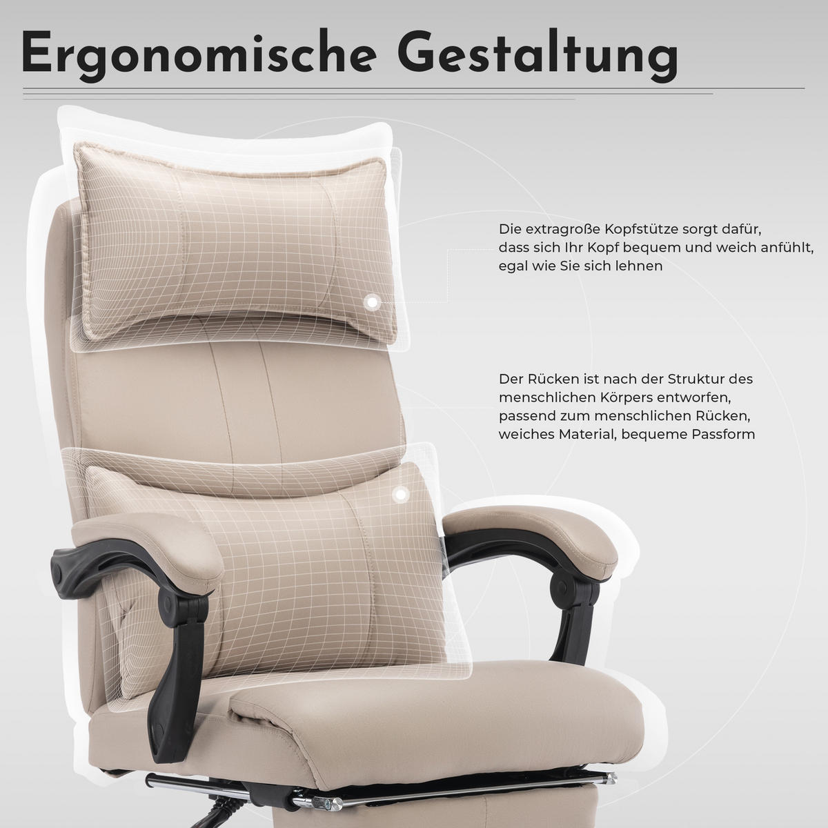CHEFSESSEL DE-40977 mit doppelt verstellbarer Lendenwirbelstütze Beige - Beige, Metall (65/120/48cm) - ComfortXL