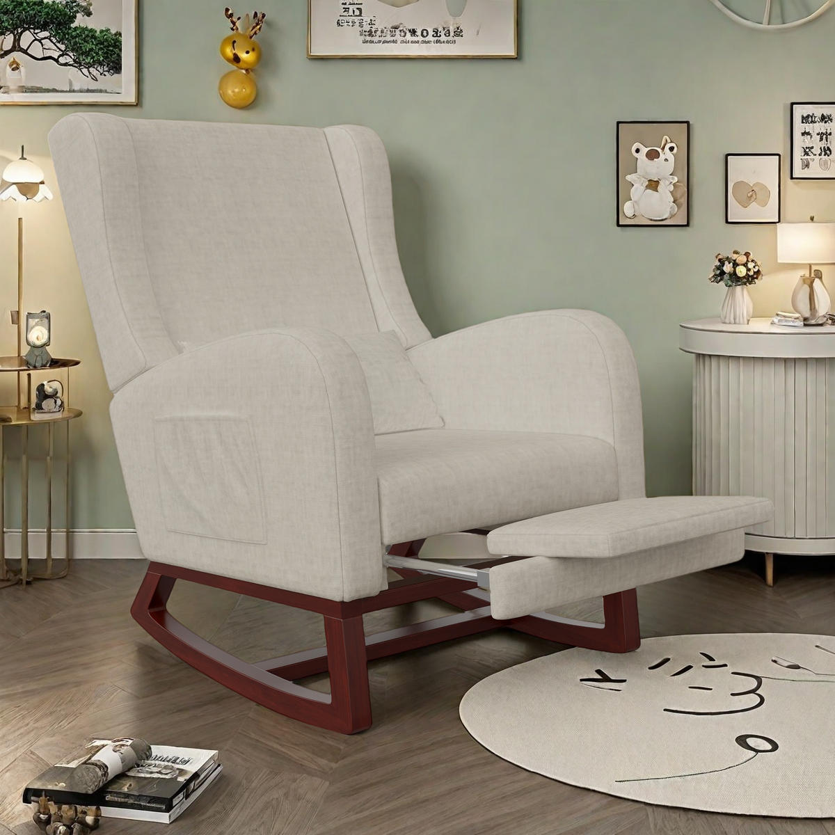 SCHAUKELSTUHL beige samt beinauflage kissen inkl - Beige, Holzwerkstoff (64/99/67cm) - SHOPENTRA