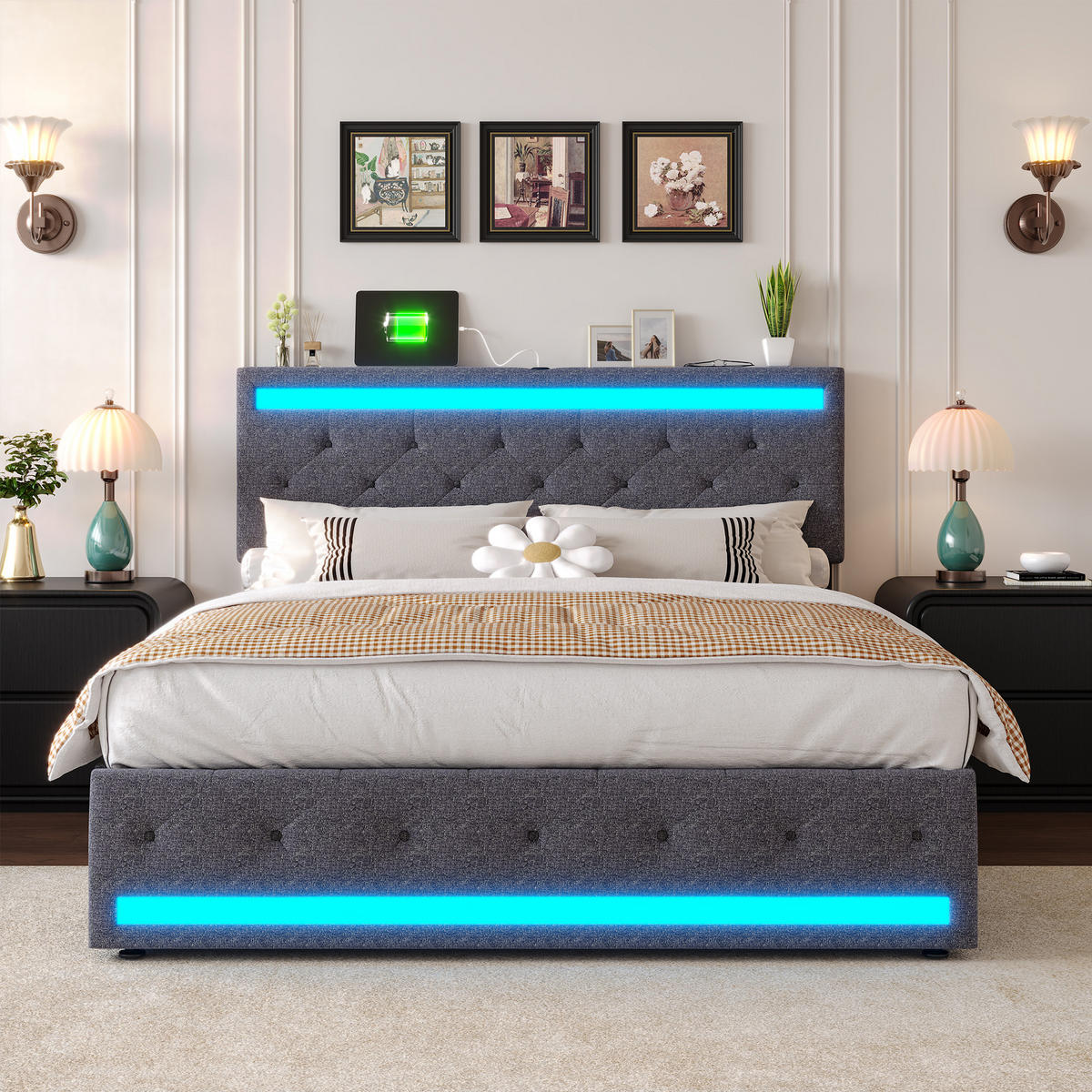 POLSTERBETT 140/200 cm, in Grau Leinenoptik Stoff, Bettkasten, Gepolstertes Kopfteil mit LED-Beleuchtung USB, 4 Metall-Stauraumschubladen - Dunkelgrau, Textil/Metall (140/200cm) - BPKADHY