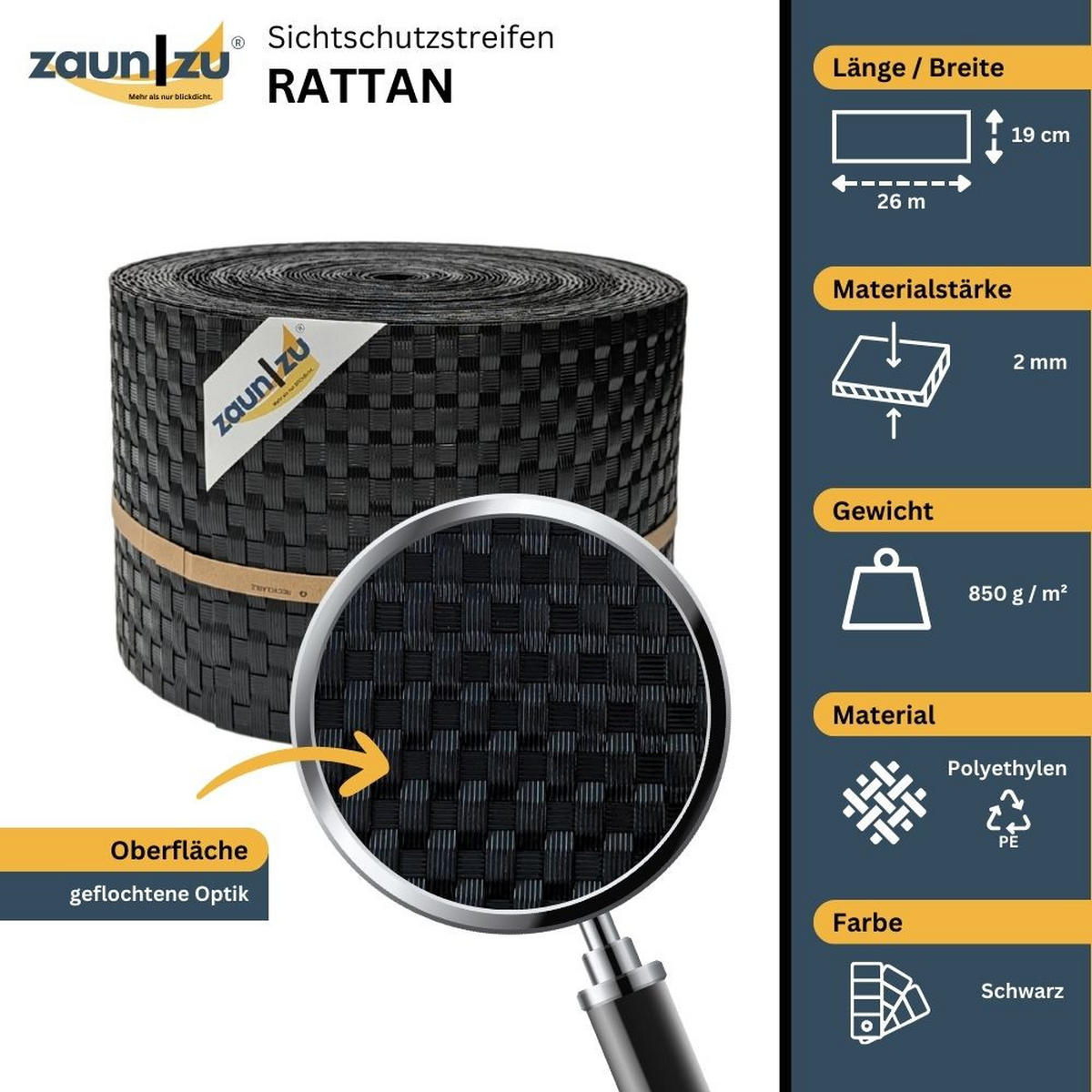 SICHTSCHUTZSTREIFEN Rattan PE für Doppelstabmatten Schwarz 26m - Schwarz, Kunststoff (2600/19cm) - ZAUN|ZU