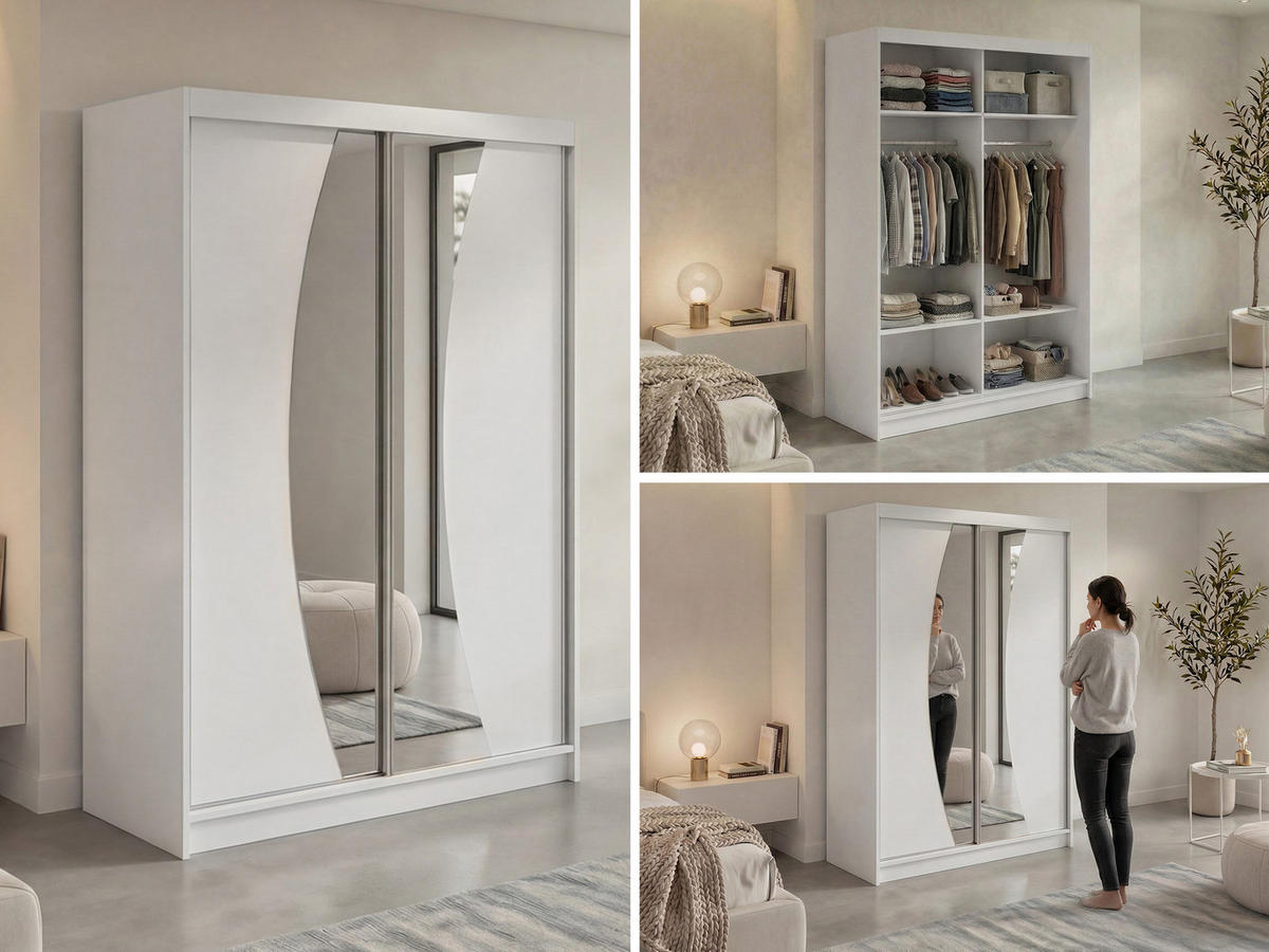 SCHWEBETÜRENSCHRANK 150 - VERONA - Weiß mit Spiegel - Alufarben/Weiß, Holzwerkstoff/Metall (150/216/61cm) - MKS