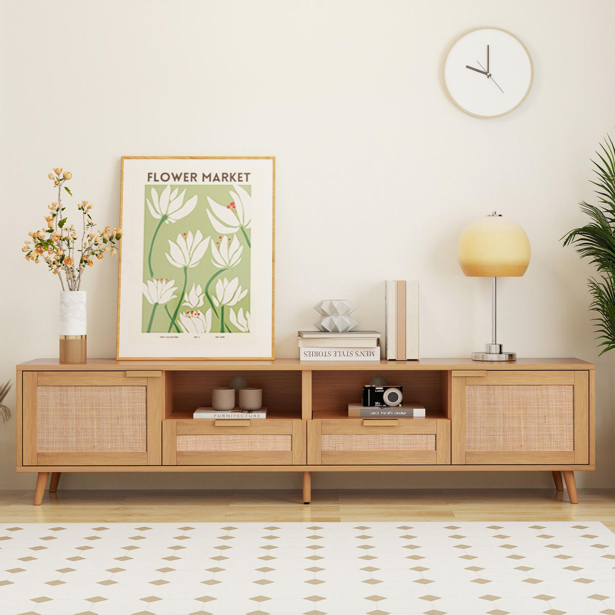 TV Lowboard Rattan, viel Stauraum, Holz - Braun, Holz (200/48/37cm)