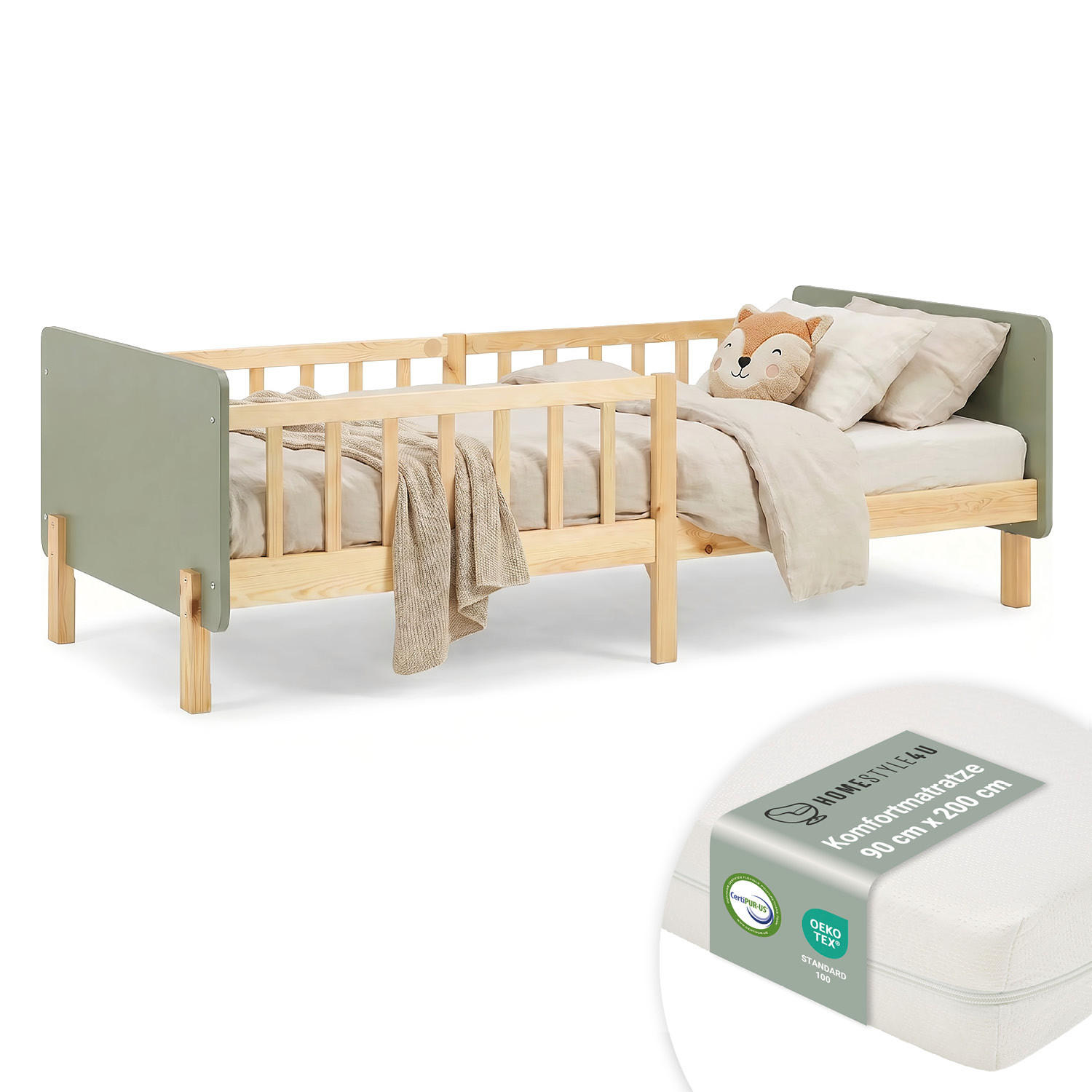 KINDERBETT Grün 90/200 Lattenrost Matratze Rausfallschutz - Grün, Holz (100/67/208cm) - Homestyle4u