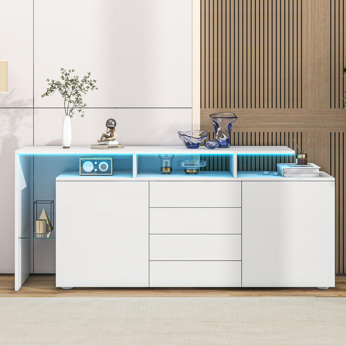 SIDEBOARD mit LED 160 cm Weiß Hochglanz - Weiß, Holzwerkstoff (160/70/35cm) - Meubliv