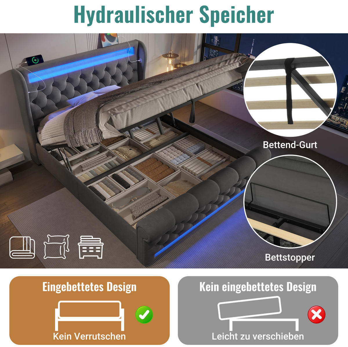 POLSTERBETT 140/200 cm Grau aus Samt mit LED und Stauraum - Grau, Textil (140/200cm) - OKMYHOME