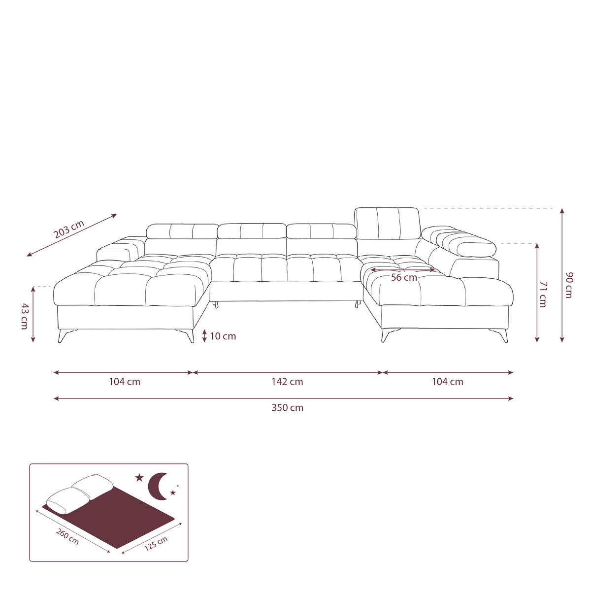 ECKSOFA PUDDING U Rechts mit Schlaffunktion 125x260 Velours Dunkelgrau - Dunkelgrau/Schwarz, Holz/Textil (350/203cm) - Muffo
