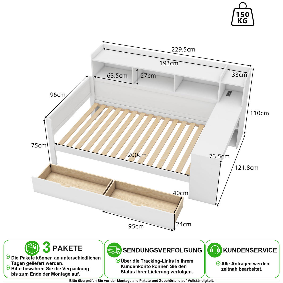 SCHLAFSOFA 90/200 cm in Weiß mit Schreibtisch, USB und 2 Schubladen - Weiß, Holz/Holzwerkstoff (90/200cm) - CHICFURN