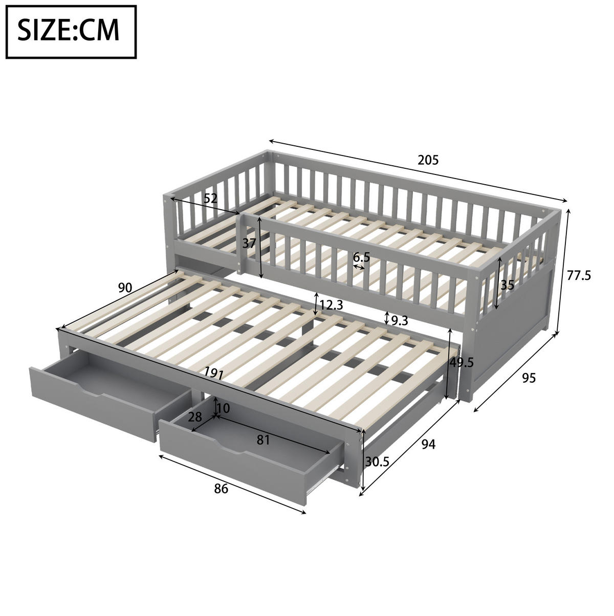 BETT mit Ausziehbett und 2 Schubladen 90x200 cm Kiefernholz Grau - Grau, Holzwerkstoff (90/200cm) - Beauniv
