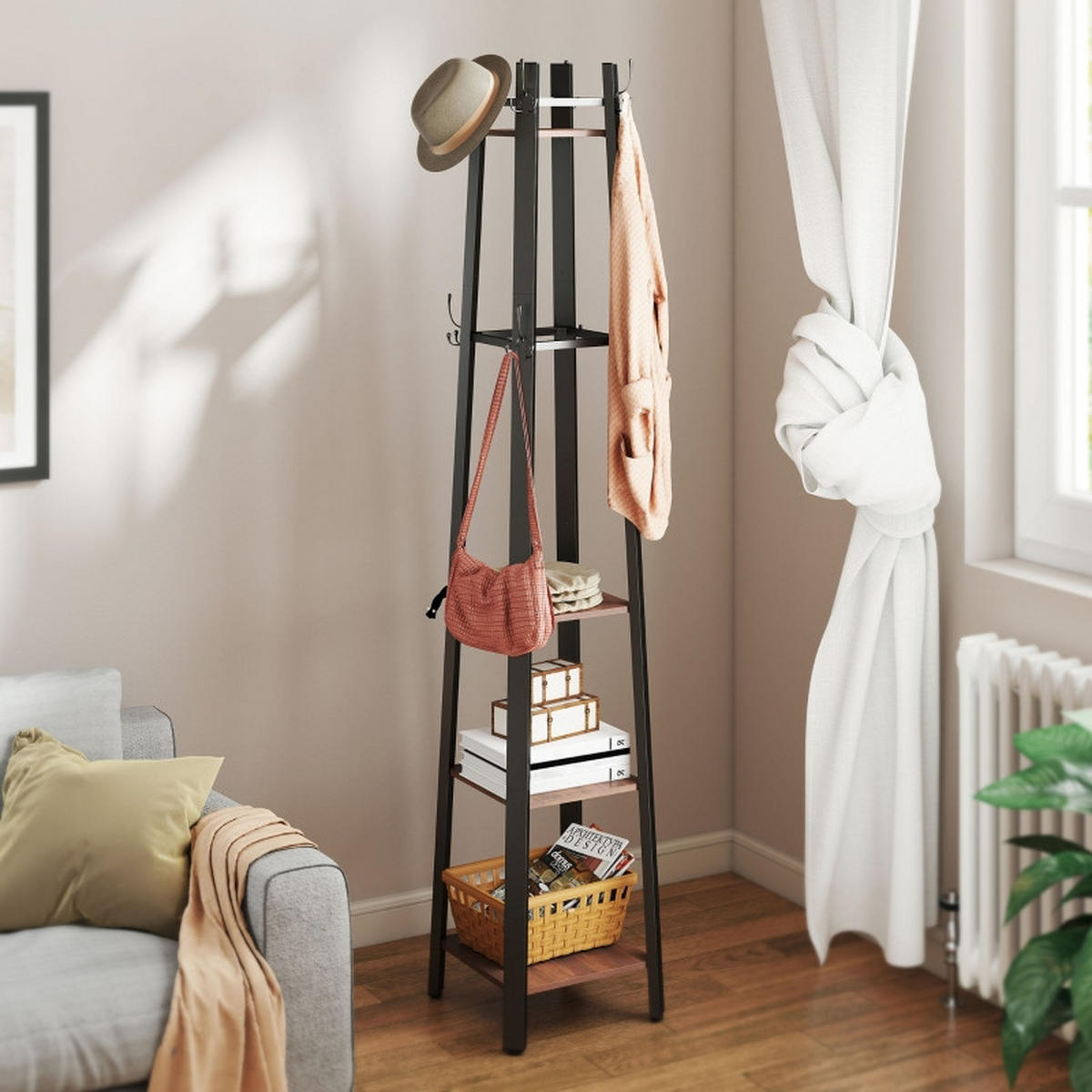 STANDGARDEROBE mit 8 Haken und 4 Ablagen, Industrial-Look, 34,8/34,8/179 cm - Braun, Holz (34.8/179/34.8cm) - BEAOK