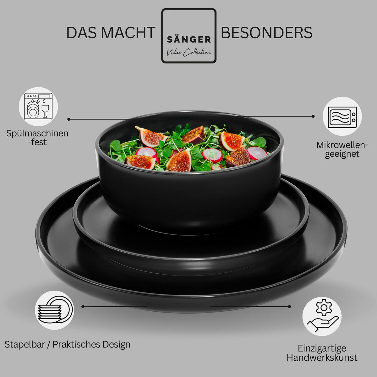 TAFELSERVICE MADEIRA- 18 teilig aus Steingut - Schwarz, Keramik (27/6/27cm) - Sänger
