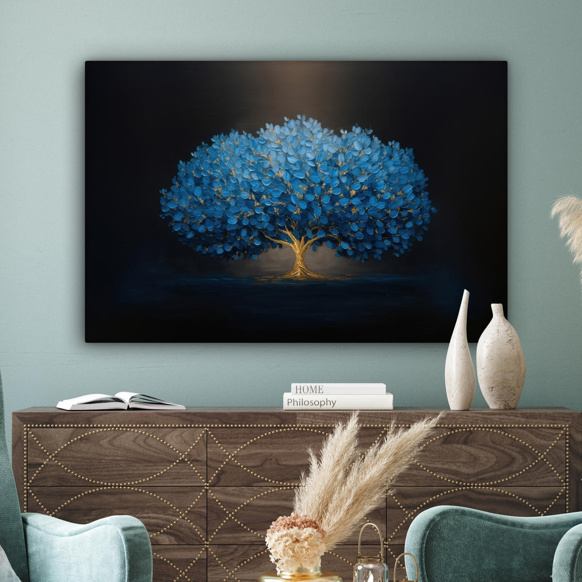 LEINWANDBILD Baum - Blau - Blätter - Pinselstriche Wohnzimmer Groß 120x80 cm - Blau, Textil (120/80cm) - MuchoWow