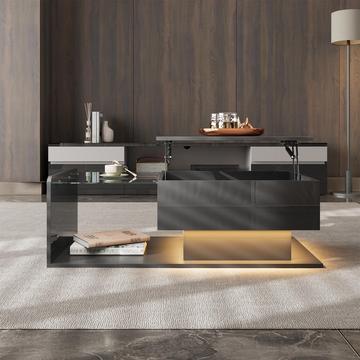 COUCHTISCH Schwarz Hochglanz mit LED, Glasplatte und Schublade - Schwarz, Metall (100/50/47cm)