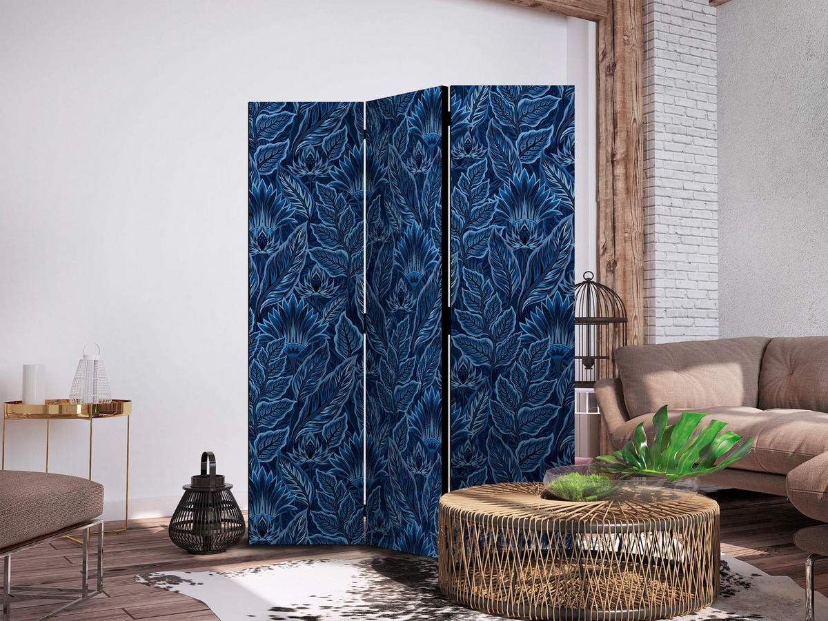 PARAVENT Einseitig Bedruckter 3-tlg 135x172 cm Blaue Bl tter - Blau, Holz/Textil (135/172/3cm) - Muralo