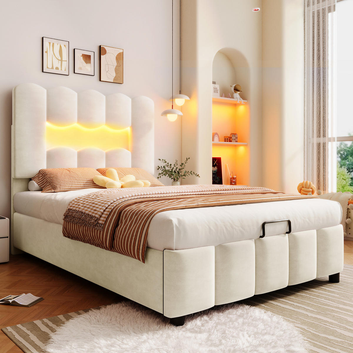 POLSTERBETT mit Bettkasten und LED-Beleuchtung 90x200 cm Samt Beige - Beige, Metall (90/200cm) - Beauniv