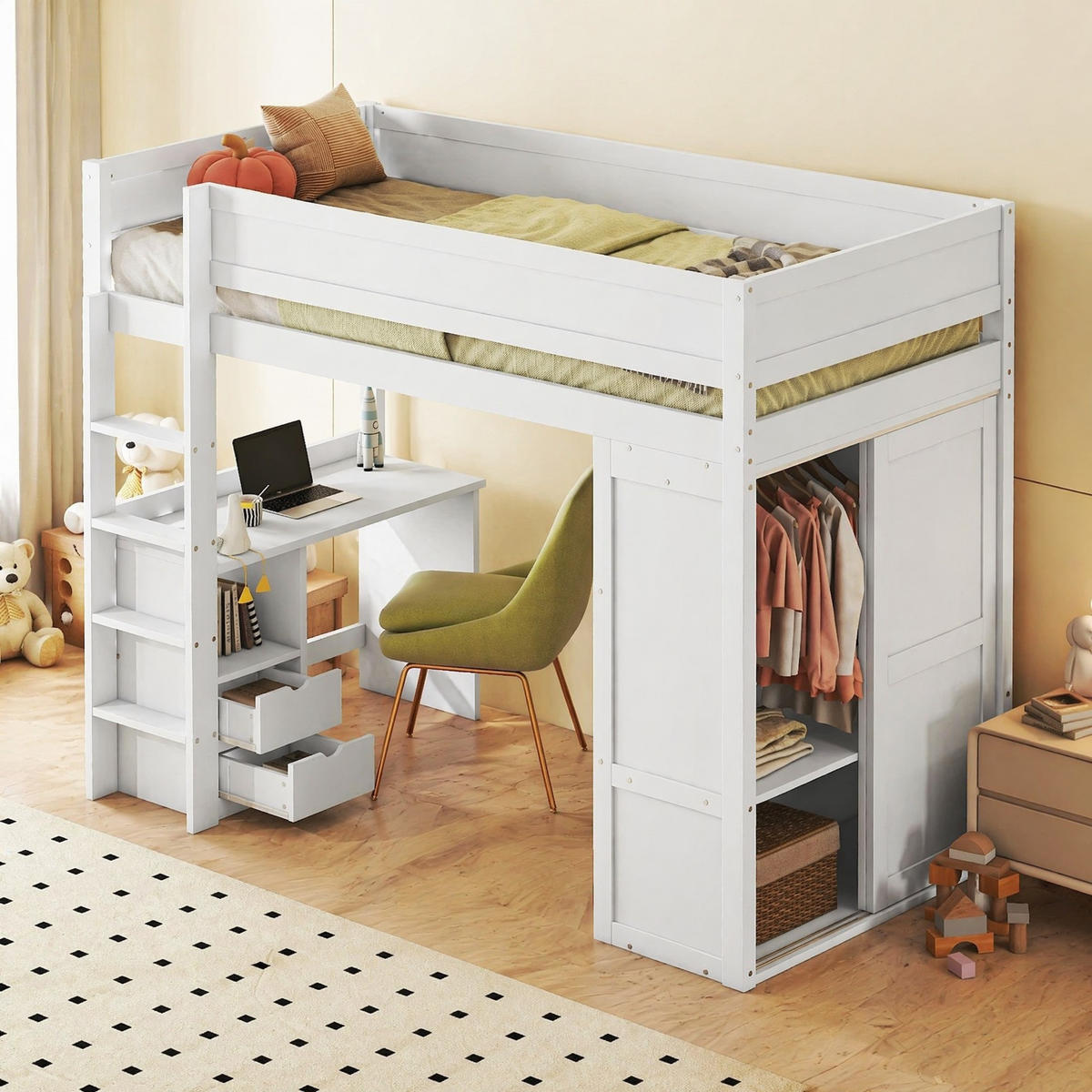 HOCHBETT 90/200 mit Kleiderschrank, Schreibtisch und zwei Schubladen in Weiß - Weiß, Holz (90/200cm) - EVRYAE