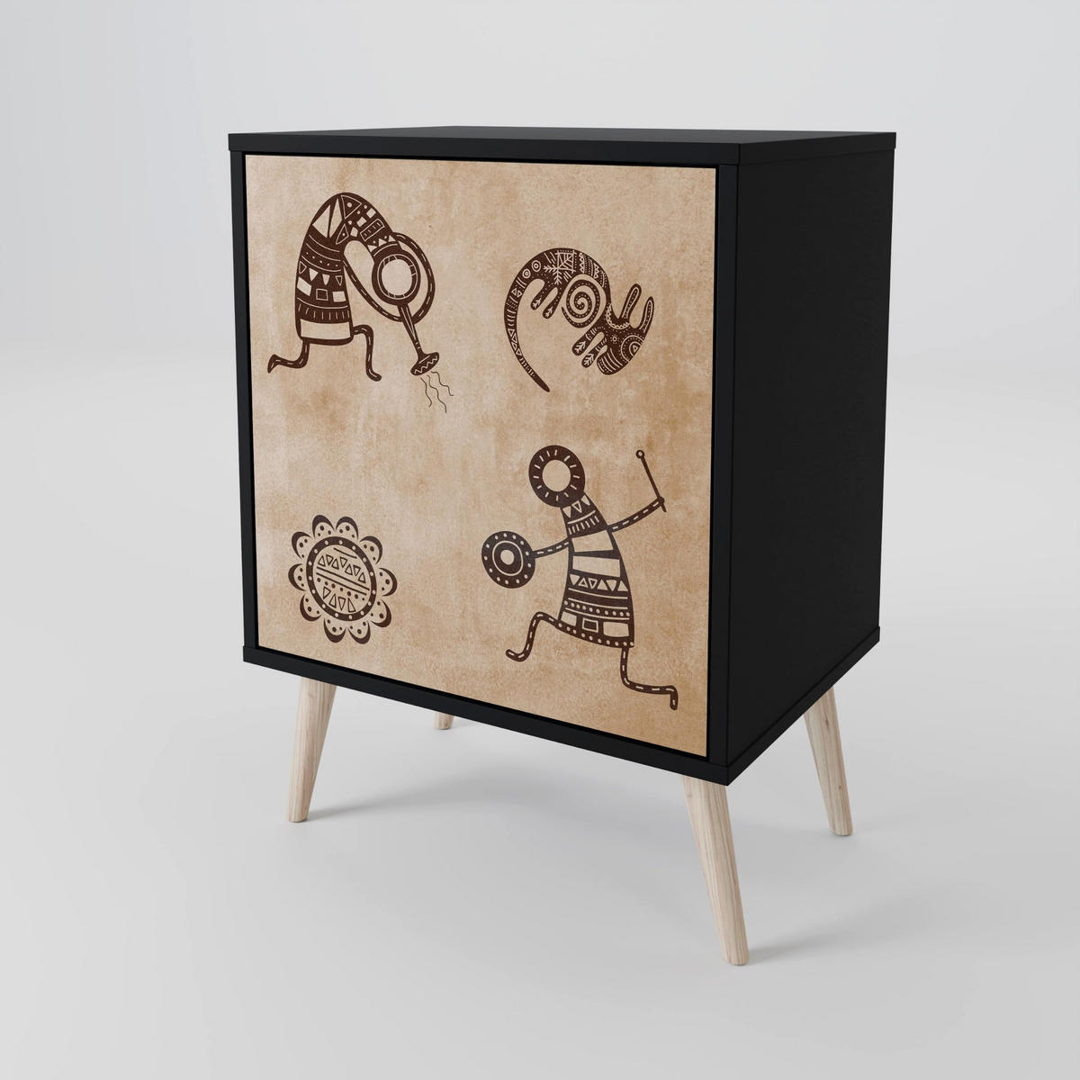 SIDEBOARD AFRICAN STYLE, Schwarz, 57,5x42x67,5 cm, Schwarze Metall-Rahmenfüße - Multicolor/Schwarz, Holzwerkstoff/Metall (57.5/67.5/42cm) - SpaceRebels