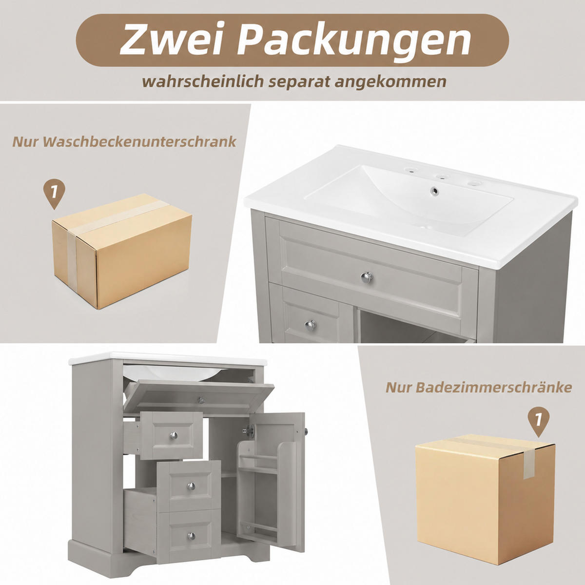 WASCHTISCHKOMBI 76/46/87 cm Grau mit ausklappbare Schublade und 2 Schubladen, ohne Wasserhahn - Edelstahlfarben/Grau, Holz/Holzwerkstoff (46/87/76cm) - Oxeza