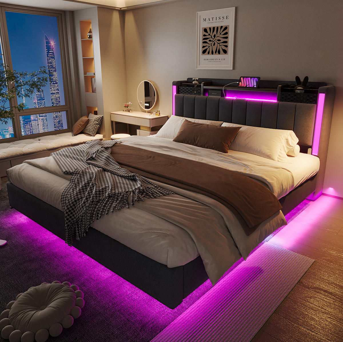 ČALOUNĚNÁ postel 160/200 cm šedá z lněné tkaniny s LED osvětlením a USB - šedá, textil (160/200cm) - OKWISH