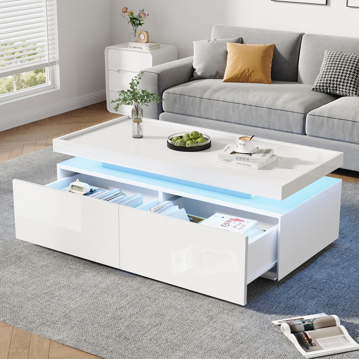 COUCHTISCH LED Weiß Hochglanz 2 Schubladen 95x45x35cm Geometrisch - Weiß, Holzwerkstoff (95/45/35cm) - FLIEKS