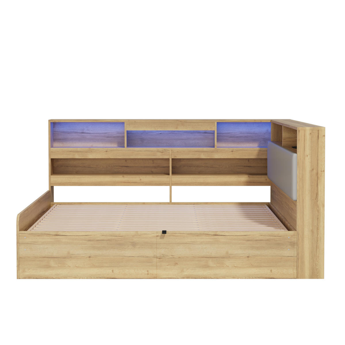 KINDERBETT 140/200 cm aus MDF mit hydraulischem Stauraum, LED-Beleuchtung und USB-Ladestation, Natur - Naturfarben, Holzwerkstoff (140/200cm) - Redom