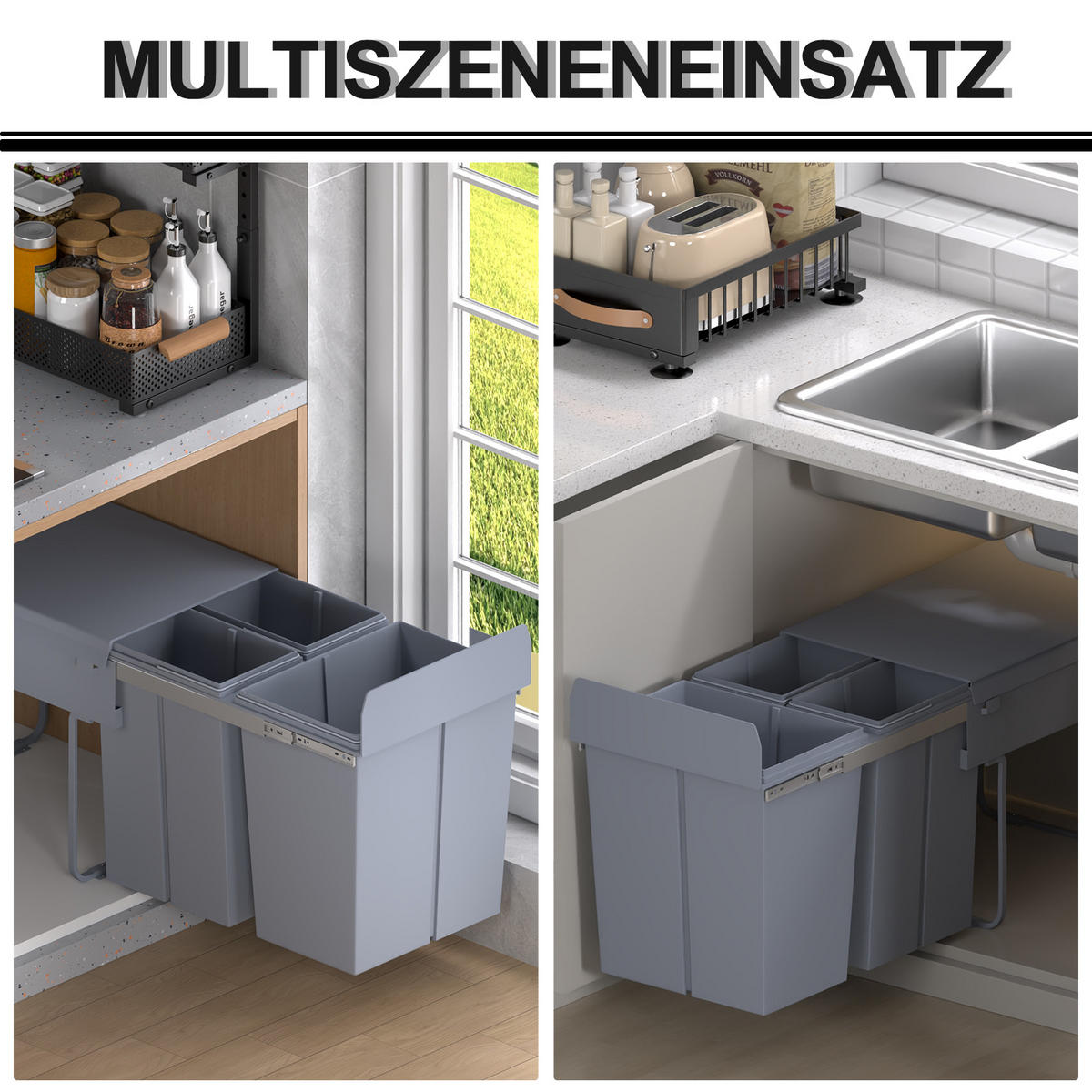 MÜLLEIMER DE-08953 3 Fächer (10+10+20 L), ausziehbar, Soft-Close Grau - Grau, Kunststoff (34.2/41.8/48cm) - ComfortXL