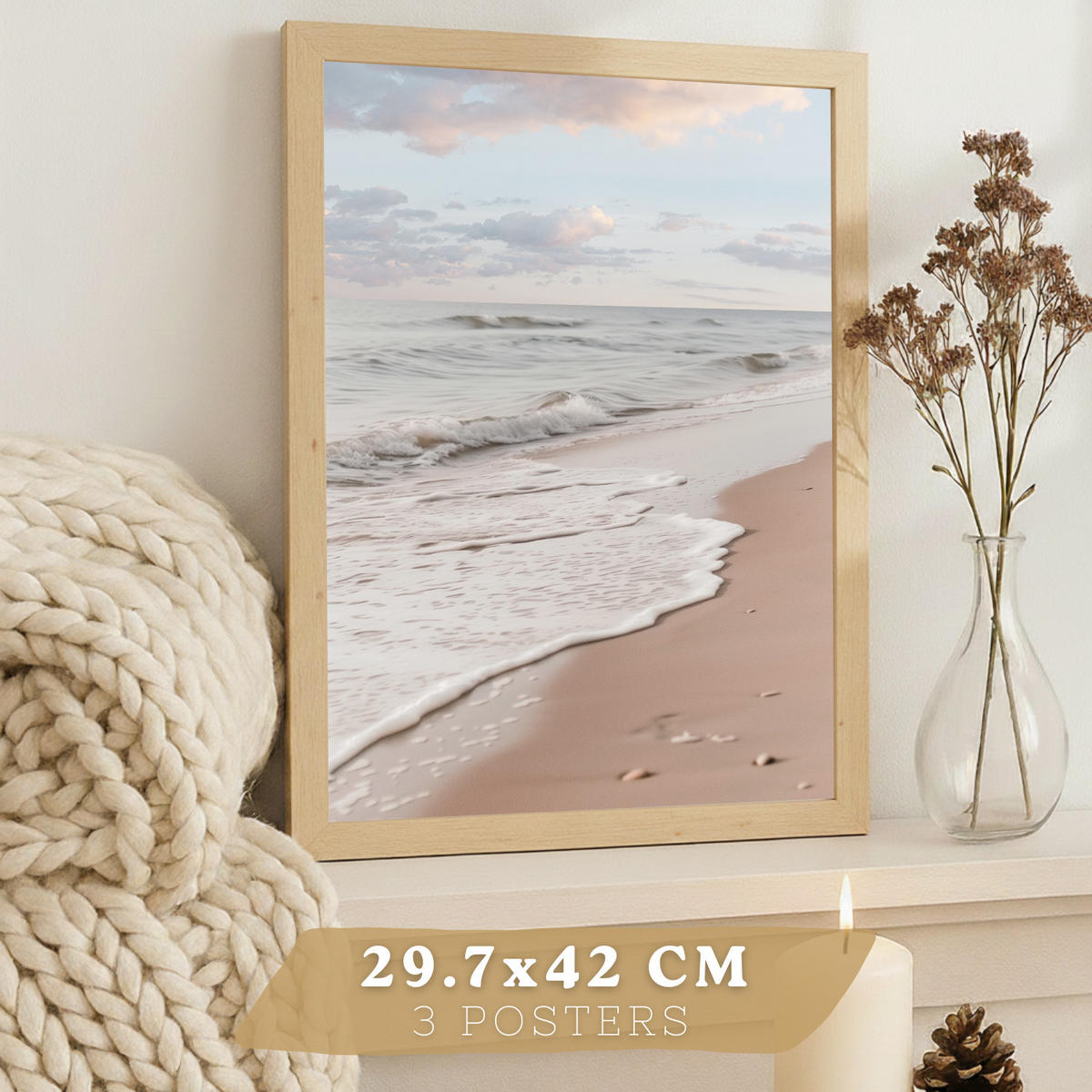 PLAKAT Sada tří dekorativních plážových tisků, moře. nástěnný plakát. Koupelnové malby, domov.Rám z lehkého dřeva velikosti A3 - béžová, papír (29.7/42/3cm)