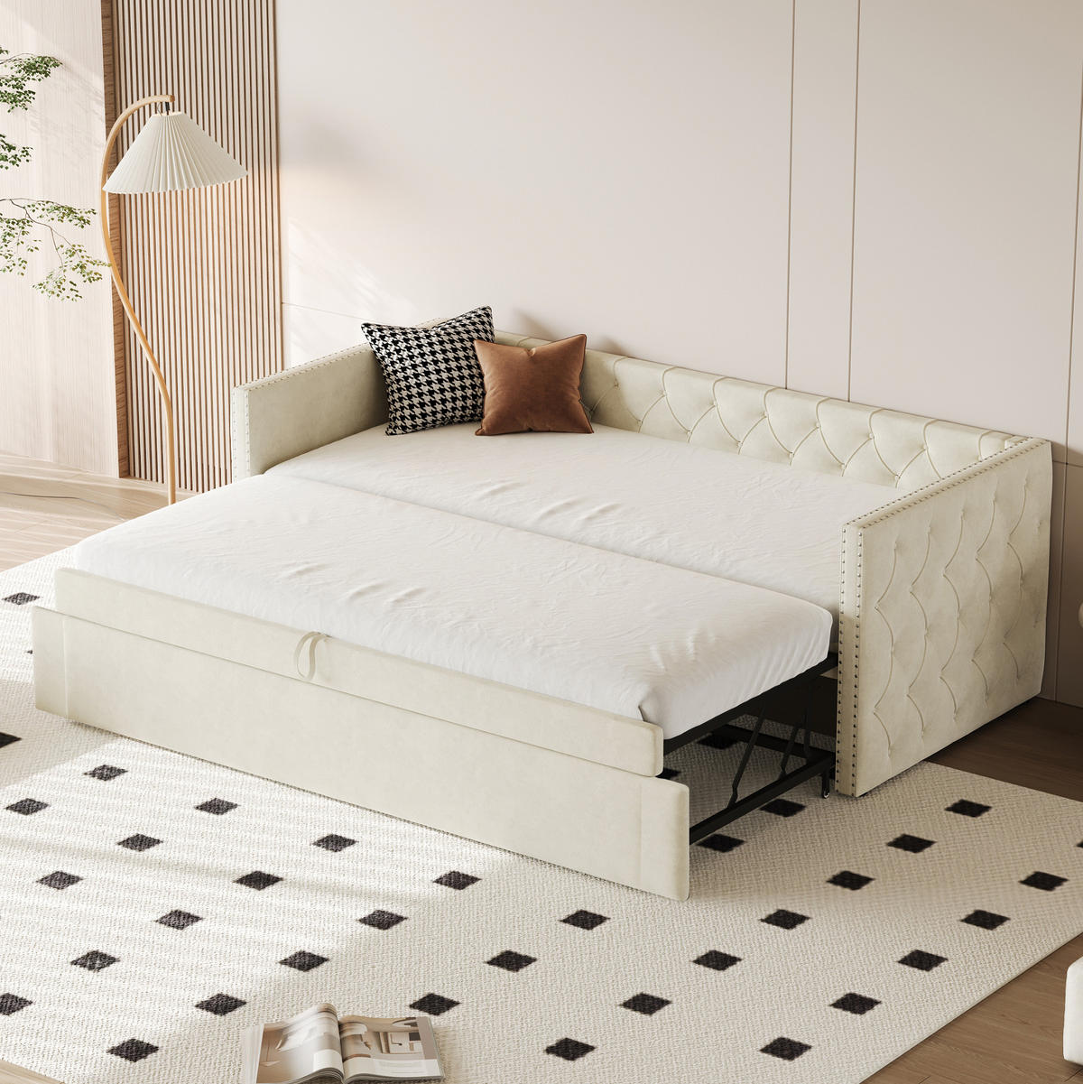 POLSTERBETT Schlafsofa 90/200 cm ausziehbar mit Lattenrost und Samtbezug, Beige - Beige, Textil (90/200cm) - Redom