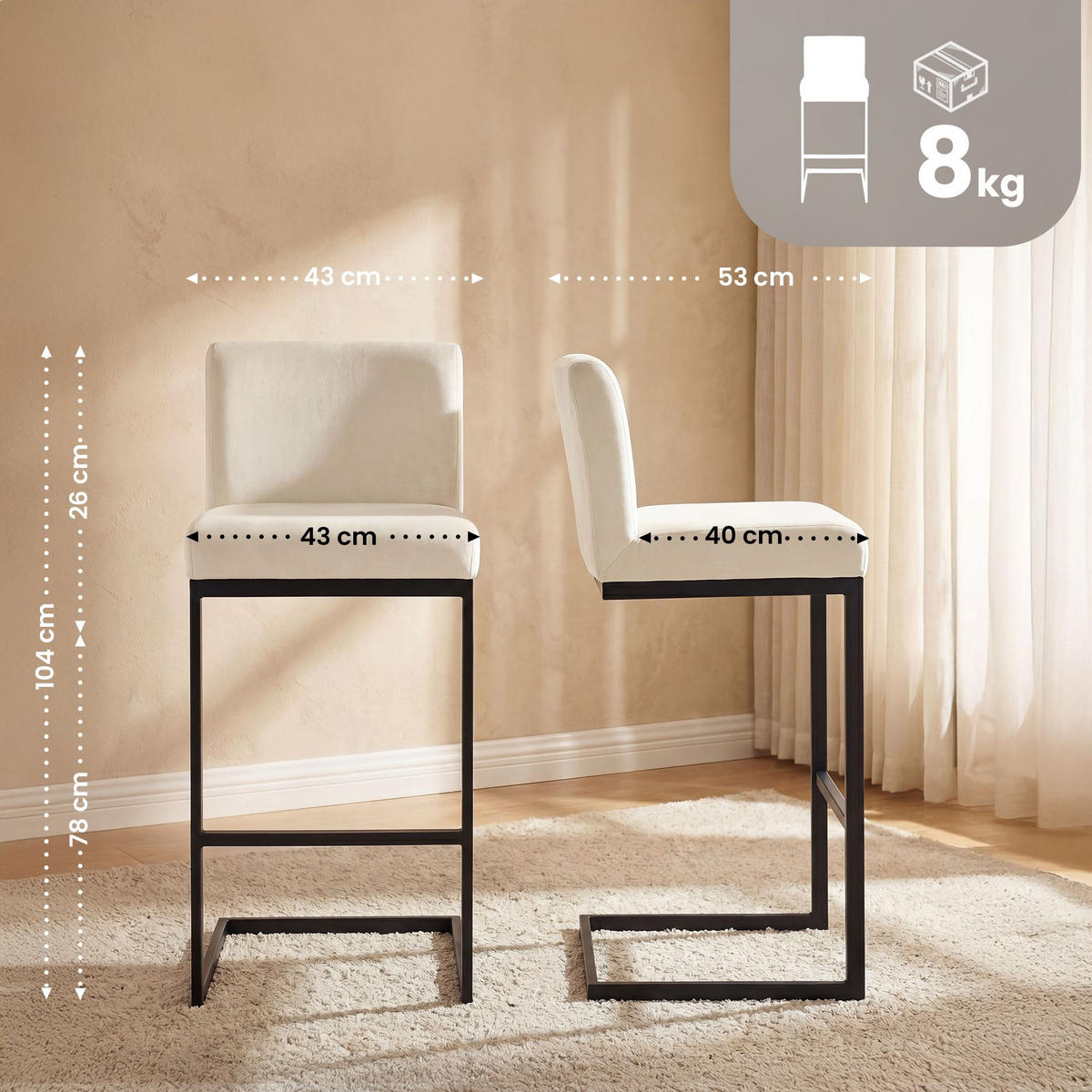 BARHOCKER Samt Creme - Creme/Schwarz, Textil/Metall (43/104/53cm) - CLP