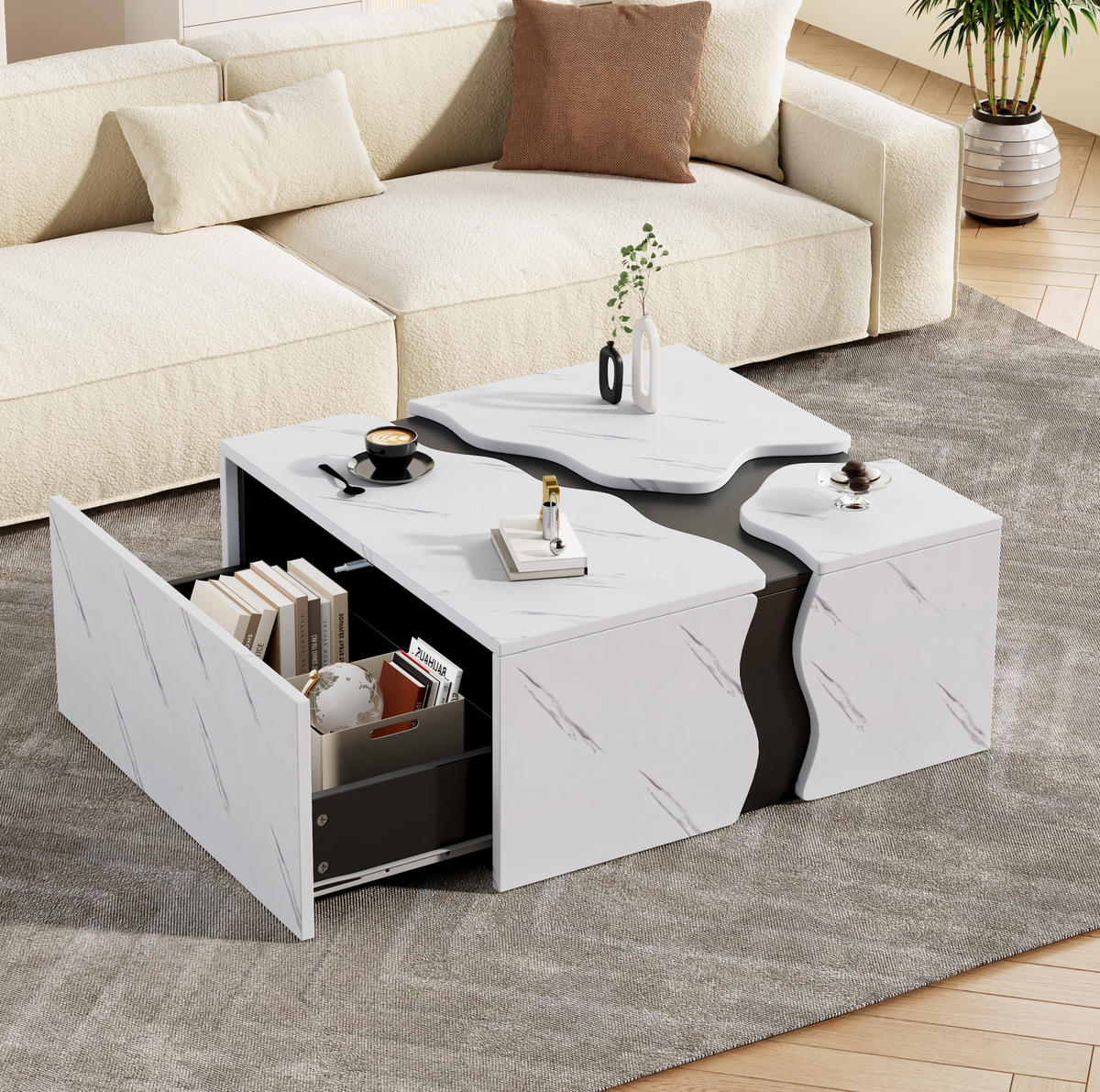KONFERENČNÍ stolek z dřevotřísky 70x70x31 cm bílý s 1 zásuvkou v mramorovém vzhledu a geometrickým designem - bílá, kompozitní dřevo (70/70/31cm) - Modfu