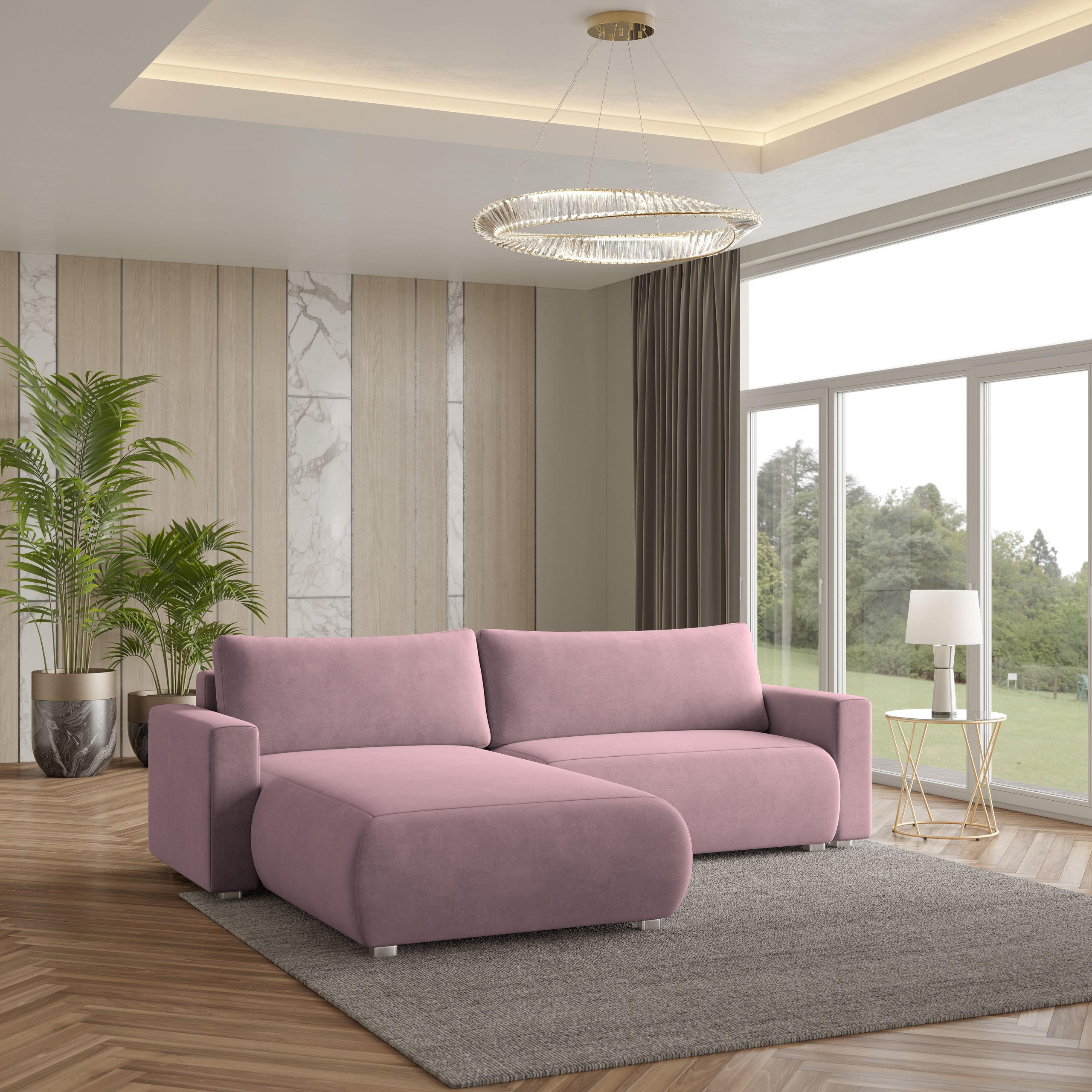 ECKSOFA TURIN M Lila Velours-Stoff mit Schlaffunktion - Lila, Holz (265/183cm) - MASSENO