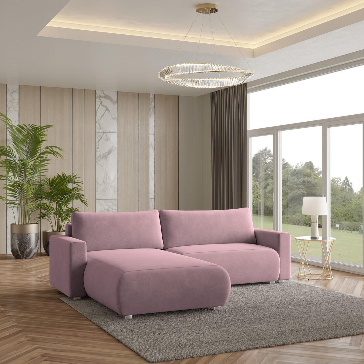 ECKSOFA TURIN M Lila Velours-Stoff mit Schlaffunktion - Lila, Holz (265/183cm) - MASSENO