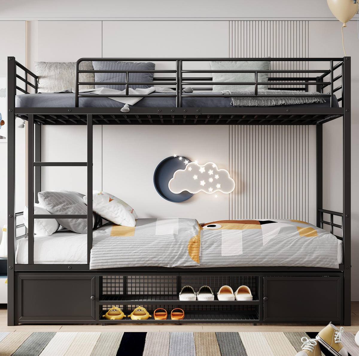 ETAGENBETT mit Schuhregal und 2 Schränken 90x200 cm Metall Schwarz - Schwarz, Metall (90/200cm) - Beauniv