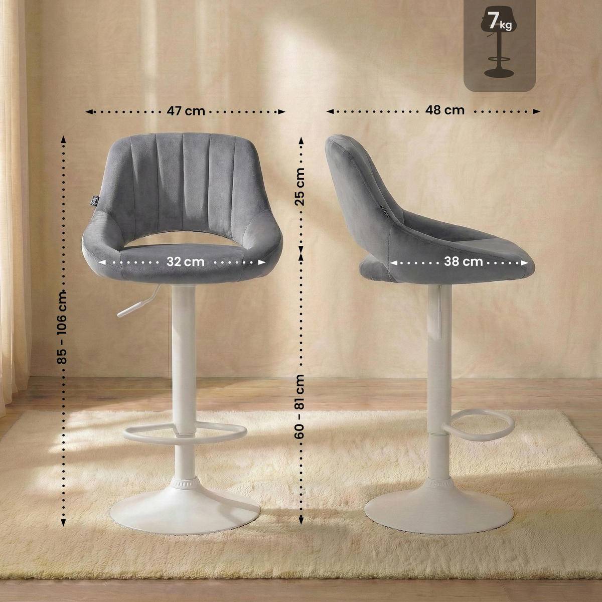 BARHOCKER Samt Dunkelgrau - Dunkelgrau/Weiß, Textil/Metall (47/85/48cm) - CLP