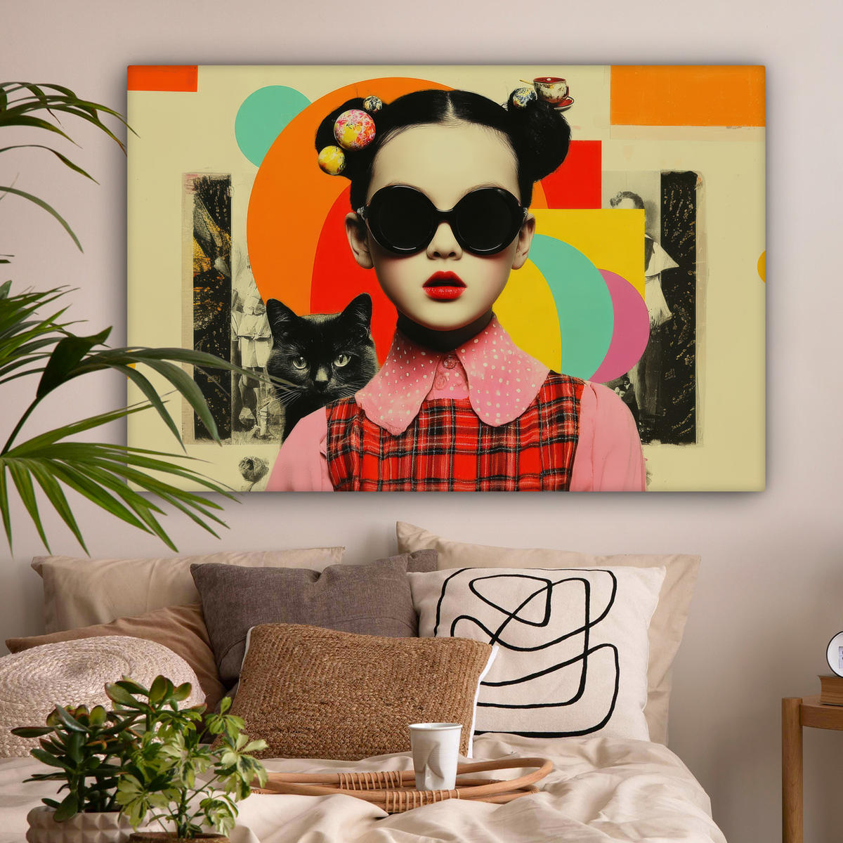 LEINWANDBILD Mädchen - Sonnenbrille - Katze - Retro Wohnzimmer Groß 120x80 cm - Beige, Textil (120/80cm) - MuchoWow