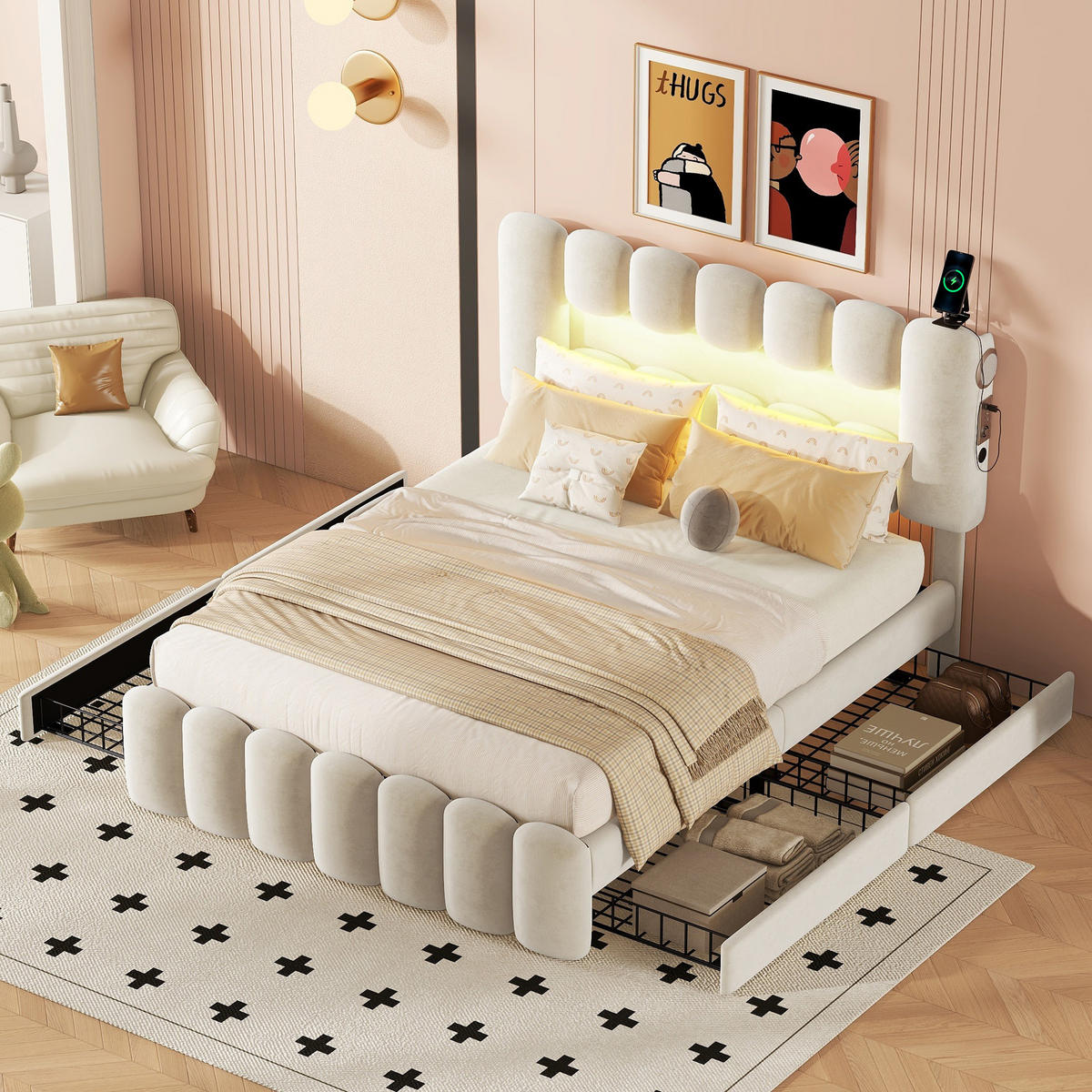 POLSTERBETT 140/200 cm Beige mit 4 Schubladen und LED-Beleuchtung - Beige, Textil (140/200cm) - OKWISH