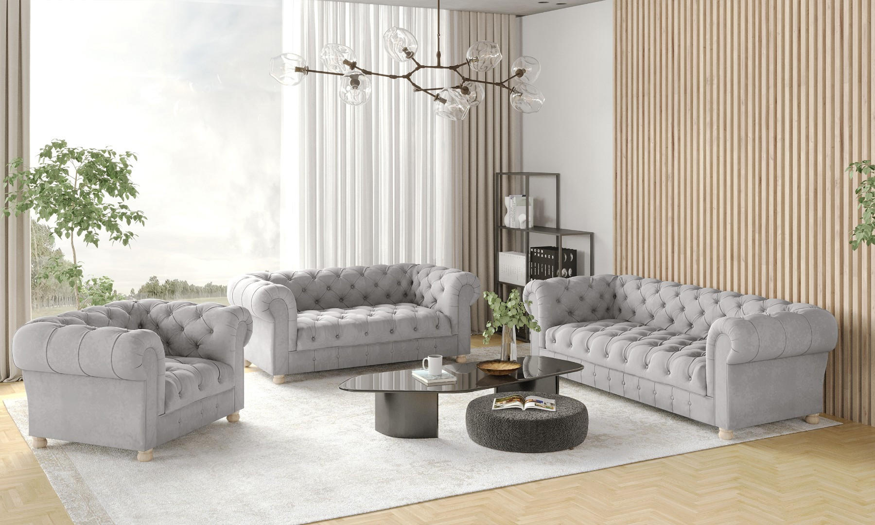 SITZGARNITUR 3+2+1 CHESTERFIELD Elegant Klassisch Schick Stoff Whisper Velours Stoff Silber - Silberfarben, Holz/Textil (202/77/90cm) - Kaiser Möbel
