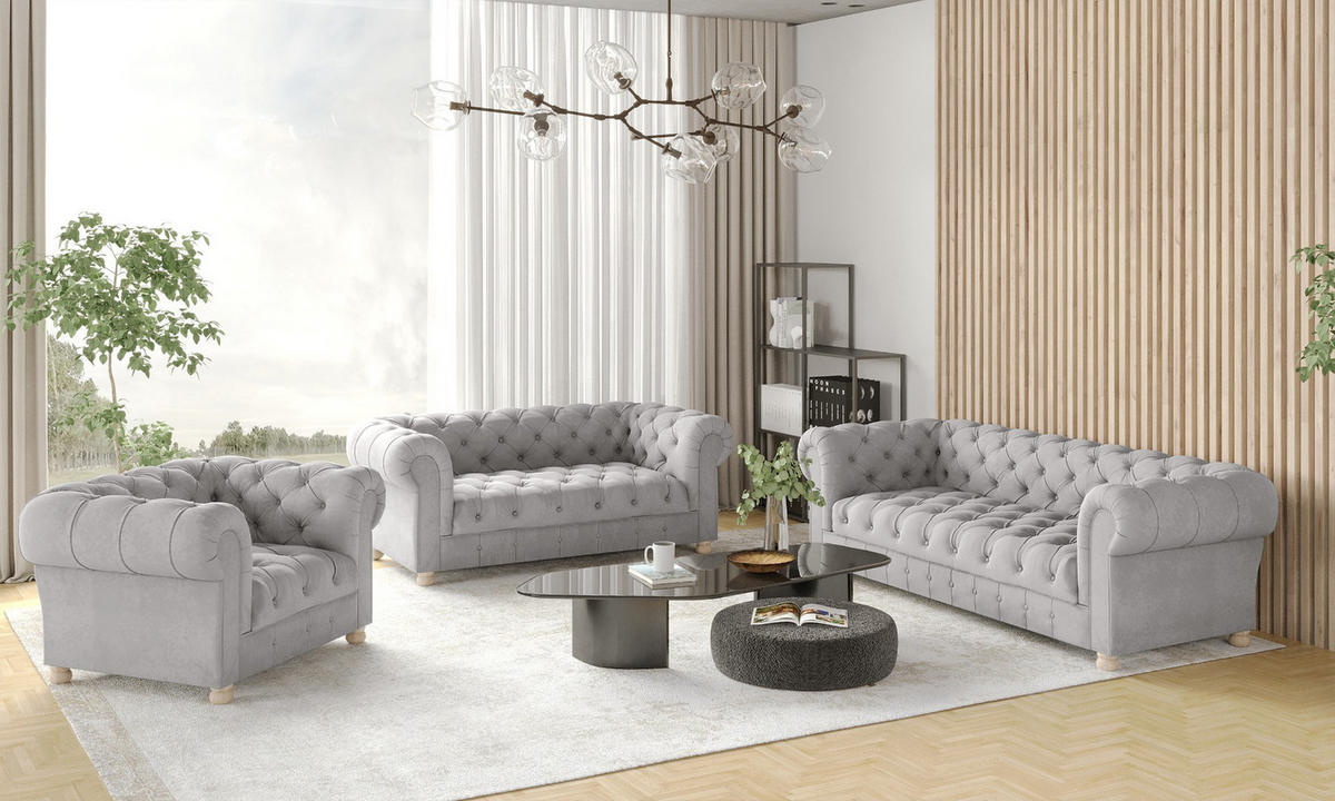 SITZGARNITUR 3+2+1 CHESTERFIELD Elegant Klassisch Schick Stoff Whisper Velours Stoff Silber - Silberfarben, Holz/Textil (202/77/90cm) - Kaiser Möbel