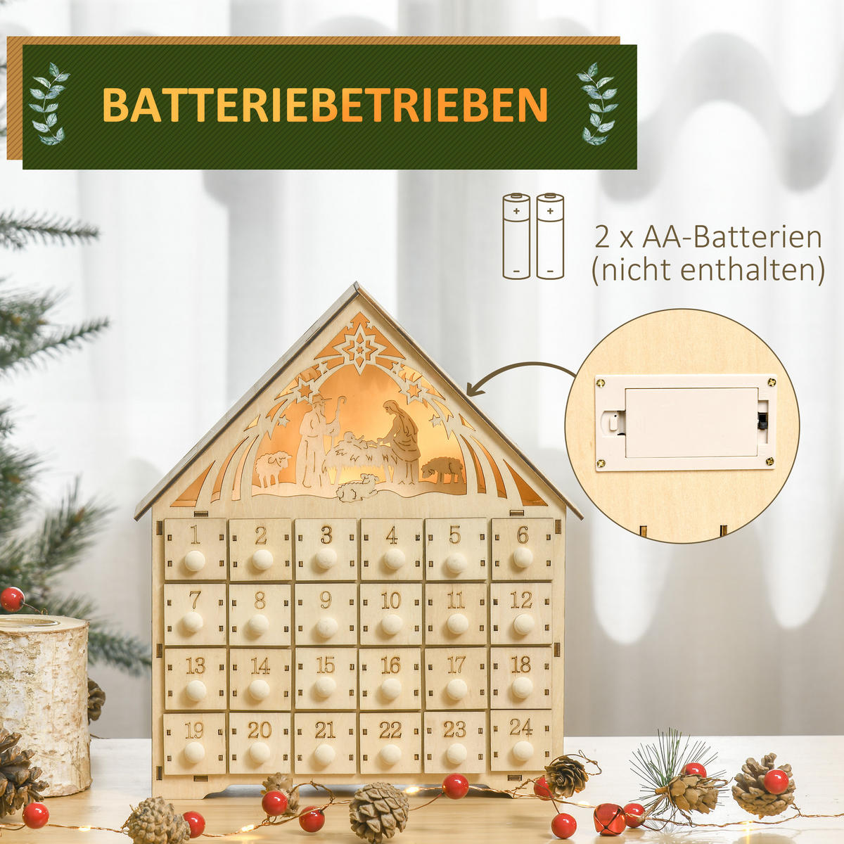 ADVENTSKALENDER Weihnachtskalender 24 Schubladen mit LED-Lichtern MDF Naturholz - Naturfarben, Holz (6/30/26.6cm) - HOMCOM