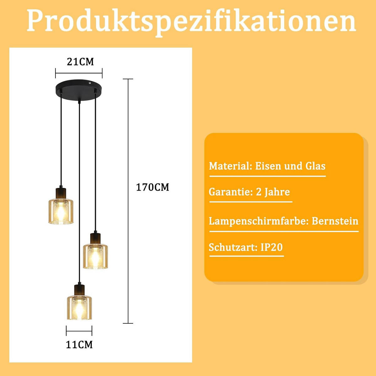 PENDELLEUCHTE Henry 21/11/170 cm - Bernsteinfarben, Metall (21/11/170cm) - ZMH