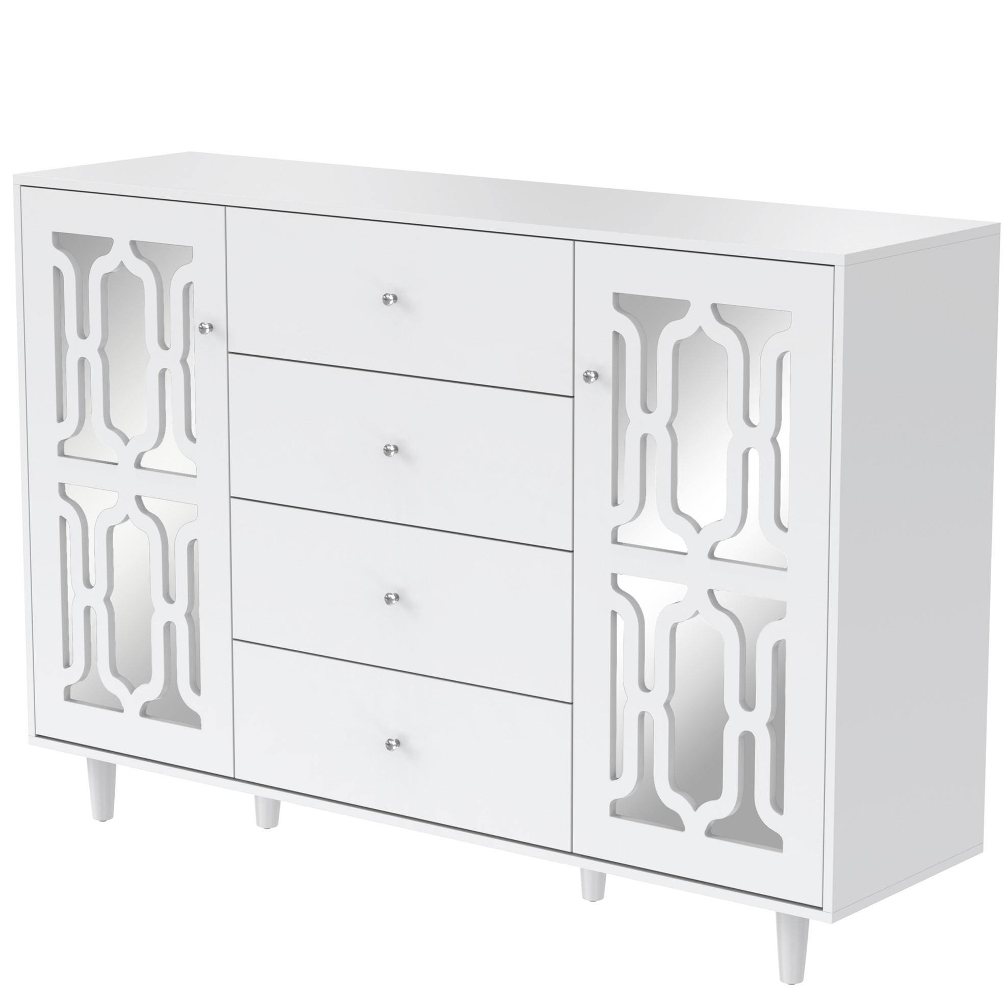 Modfu KOMODA z MDF 147,5x102x40 cm bílá se zrcadlovým povrchem, 2 dvířky, 4 zásuvkami a křišťálovými úchytkami