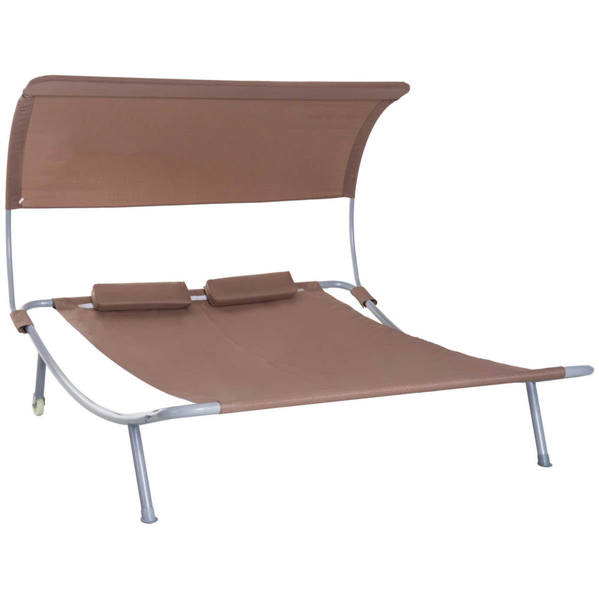 GARTENLIEGE DE-15600 verstellbares Dach, 2 Kissen + Rollen Dunkelbraun - Dunkelbraun, Metall (170/130/200cm) - ComfortXL