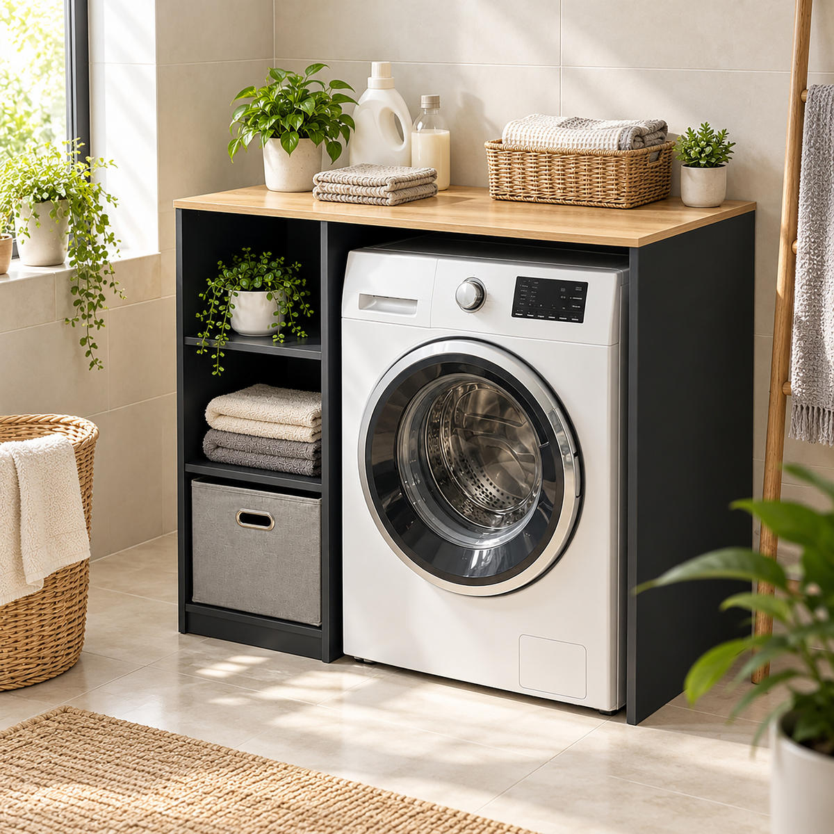 WASCHMASCHINENSCHRANK Anthrazit 3 Fächer - Anthrazit, Holzwerkstoff/Textil (100/90/60cm) - Relaxdays
