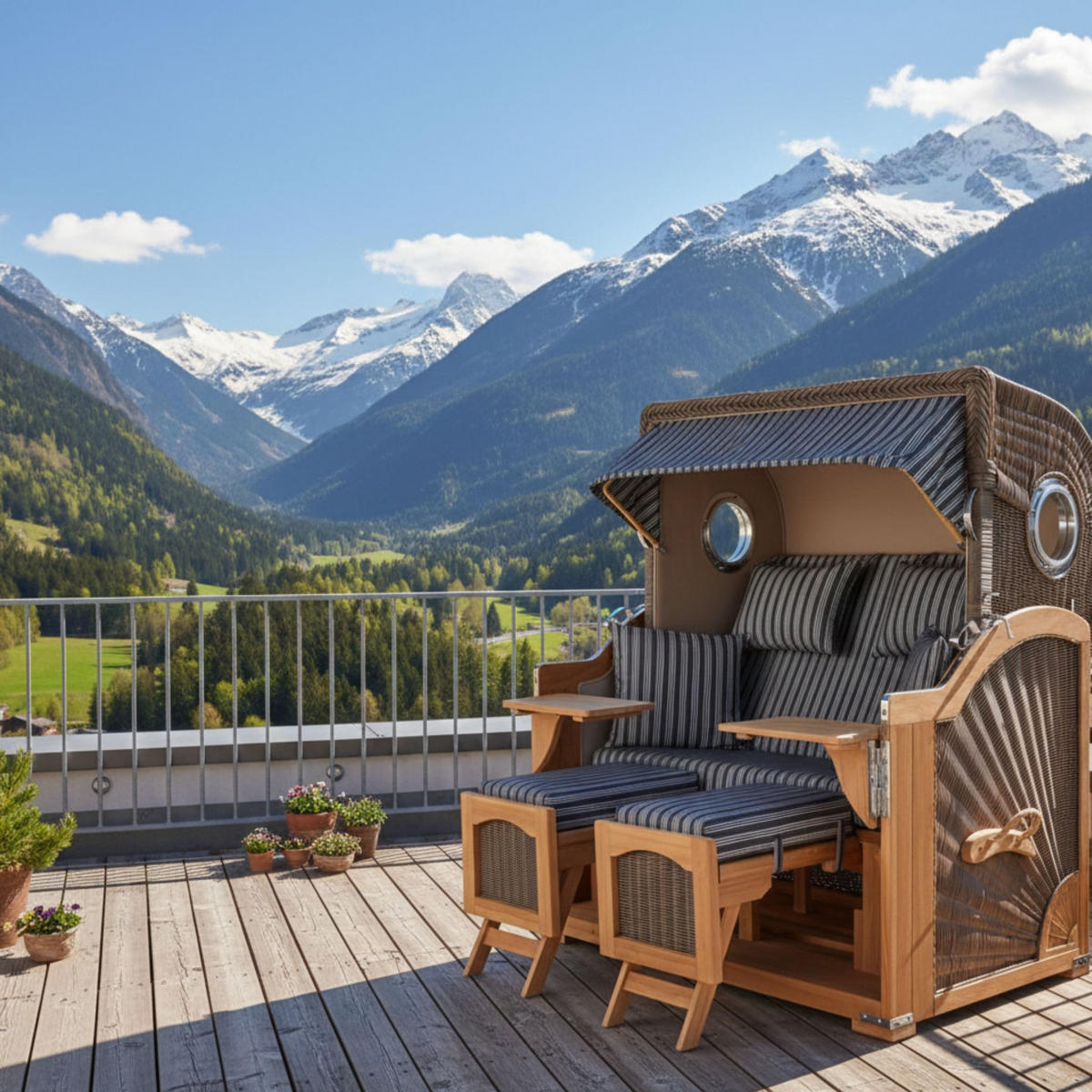 STRANDKORB Düne Grande Bullauge Teak PE Grey Dessin 500 - Braun/Grau, Metall (142/170/95cm) - Mr. Deko